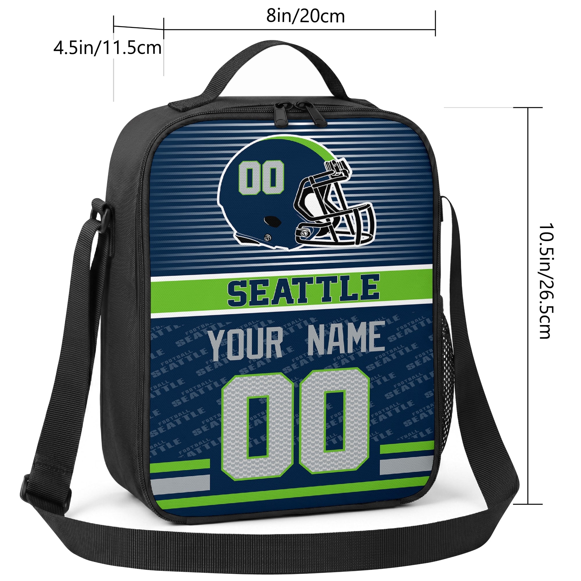 Seattle striped helmet football shoulder bag size guide showing 8 inch width 4.5 inch depth and 10.5 inch height