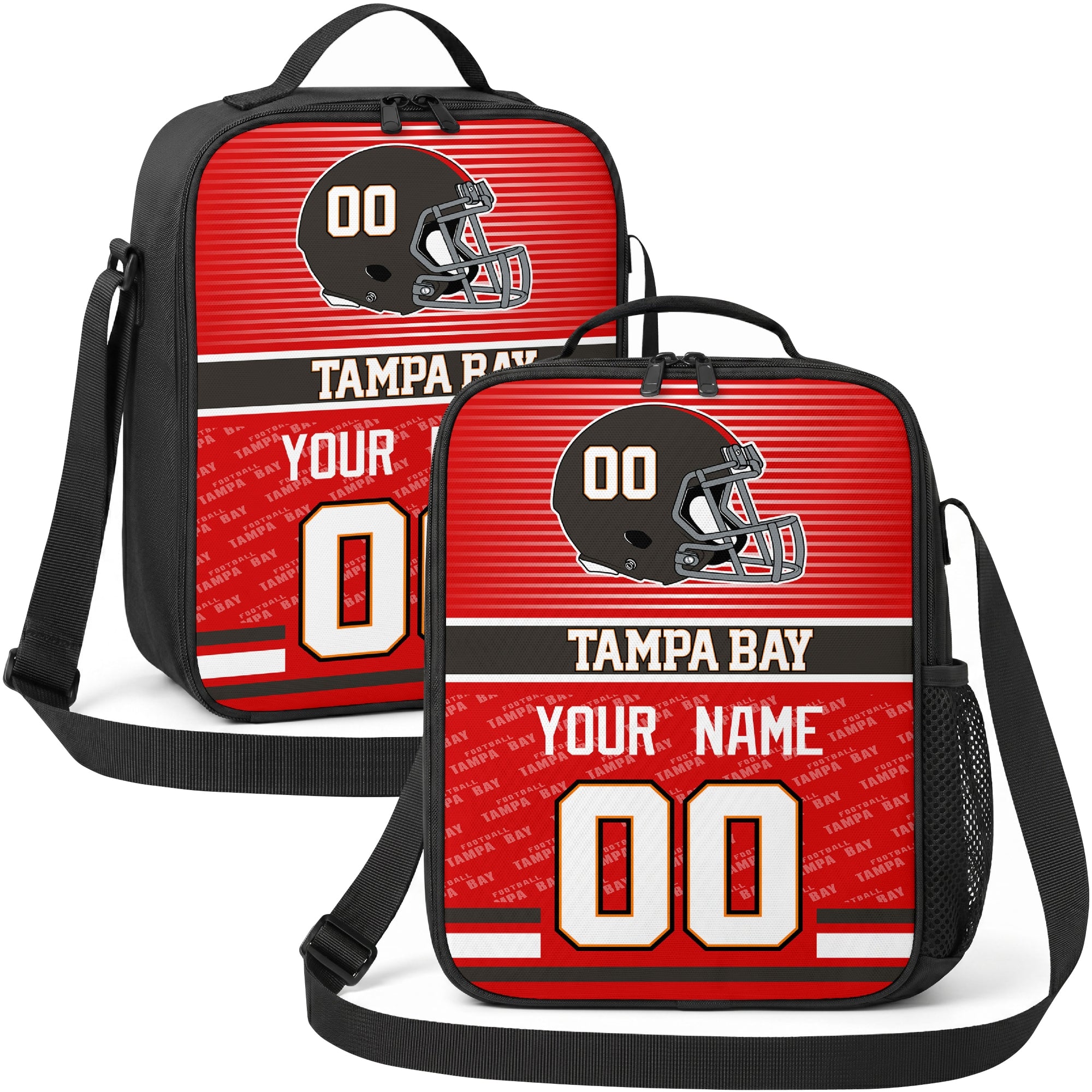 Tampa Bay personalized striped helmet football shoulder bag in red black and pewter showing front and angled views with custom name and number
