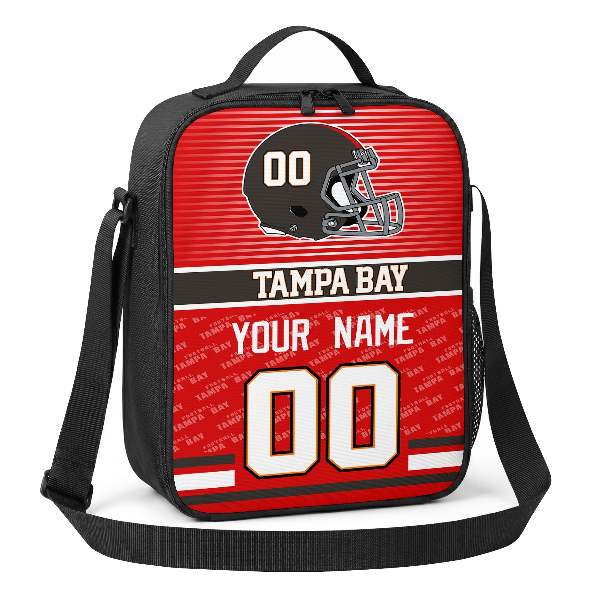 Tampa Bay red black and pewter striped helmet football shoulder bag angled front view with city stripe and custom name number