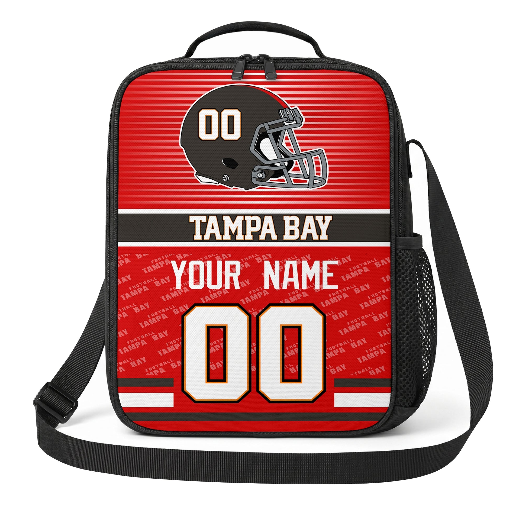 Tampa Bay red black and pewter striped helmet football shoulder bag alternate angled view with side mesh pocket top handle and shoulder strap