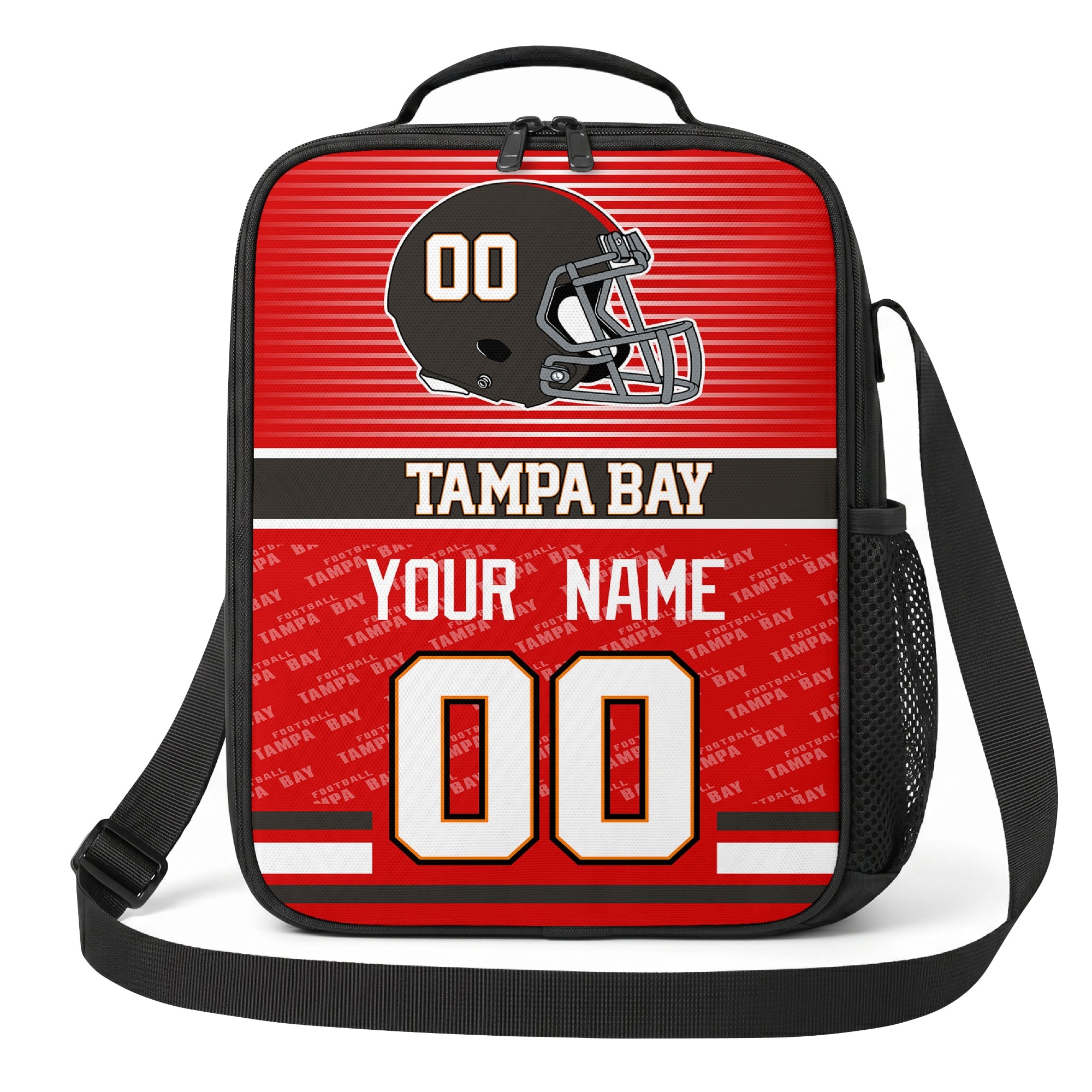 Tampa Bay red black and pewter striped helmet football shoulder bag alternate angled view with side mesh pocket top handle and shoulder strap