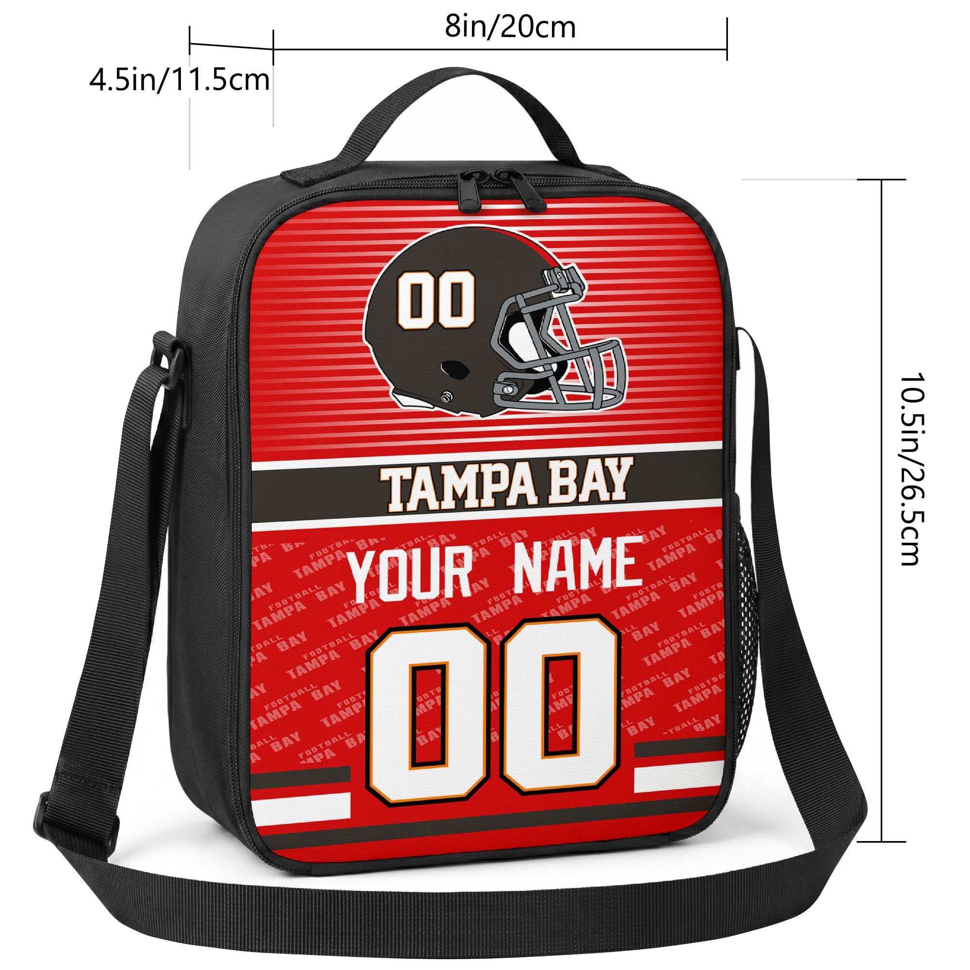 Tampa Bay striped helmet football shoulder bag size guide showing 8 inch width 4.5 inch depth and 10.5 inch height