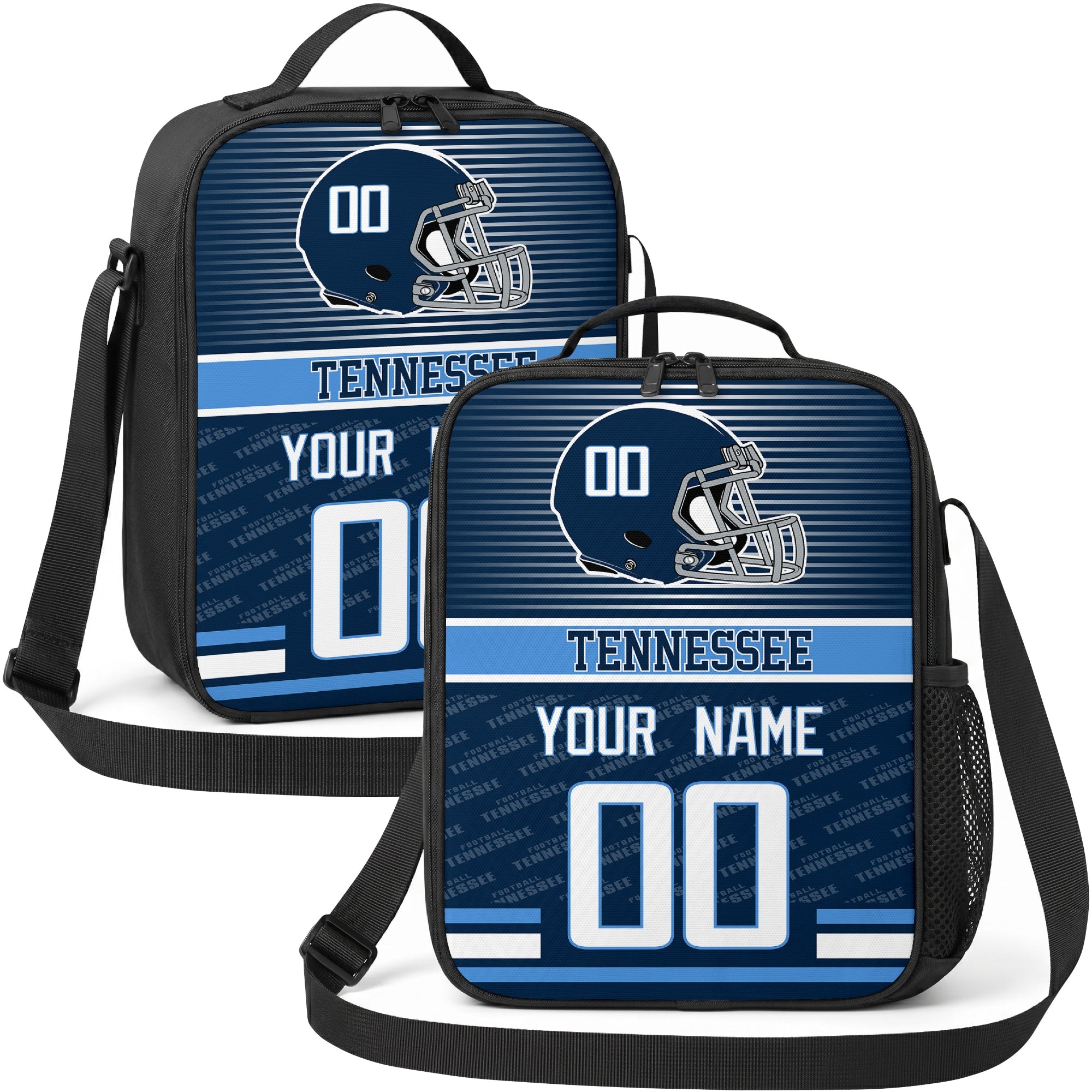 Tennessee personalized striped helmet football shoulder bag in navy light blue and white showing front and angled views with custom name and number