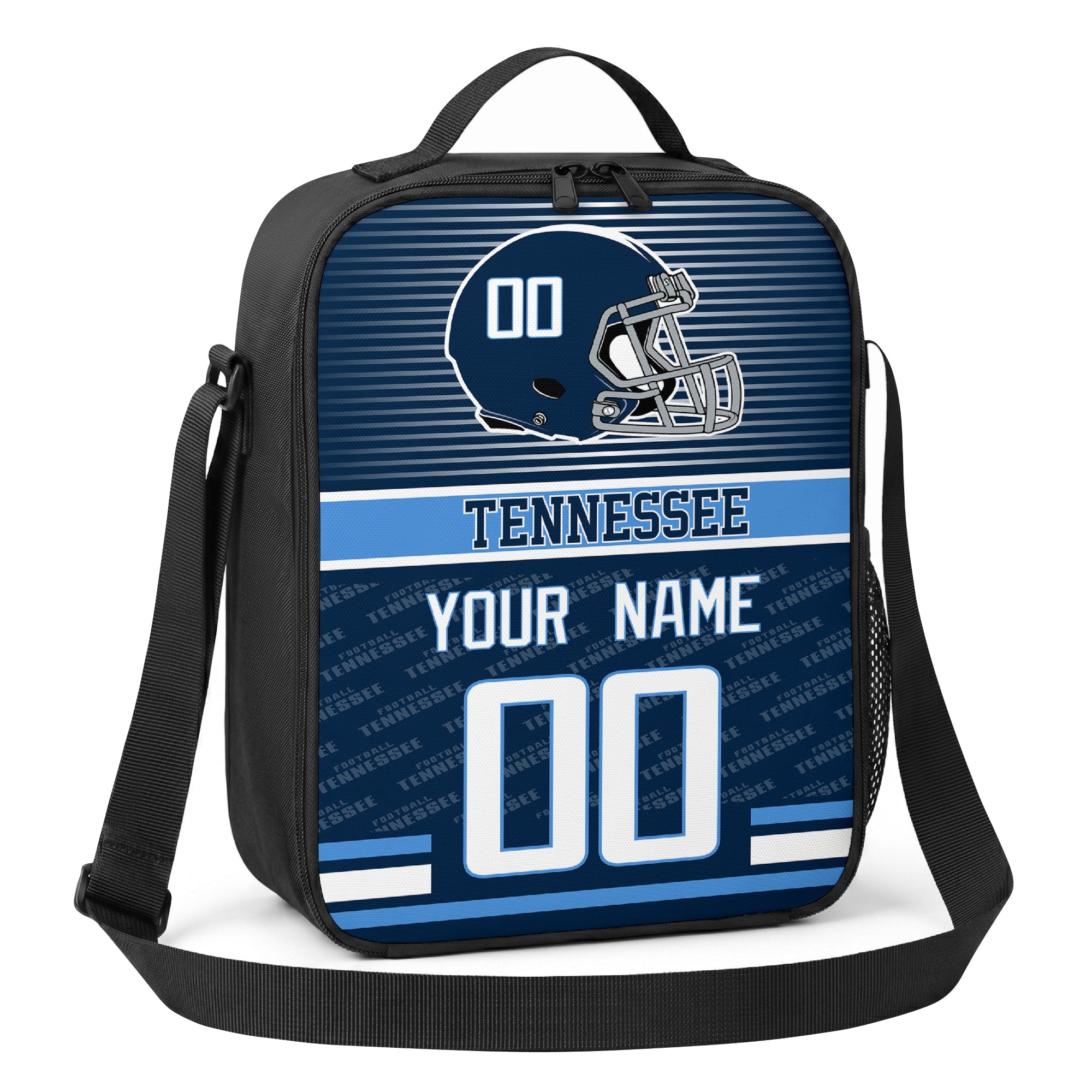Tennessee navy light blue and white striped helmet football shoulder bag angled front view with city stripe and custom name number