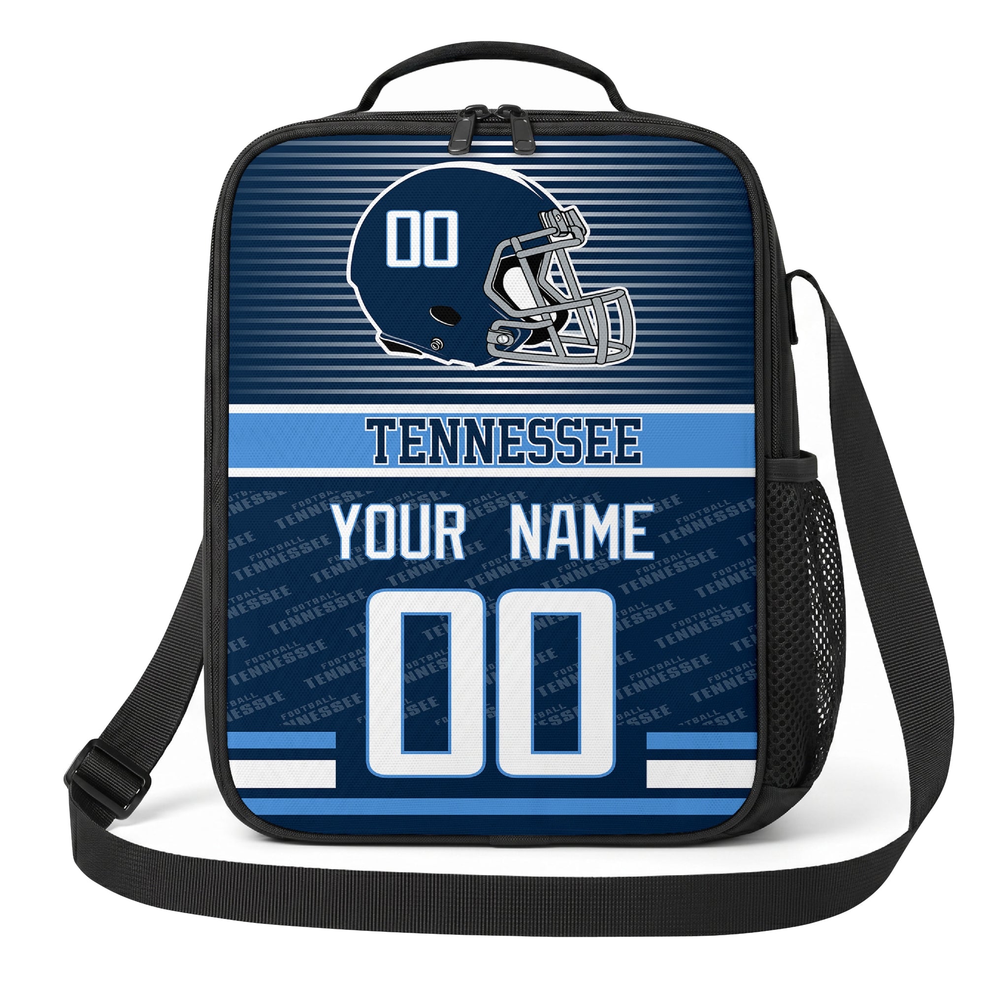 Tennessee navy light blue and white striped helmet football shoulder bag alternate angled view with side mesh pocket top handle and shoulder strap
