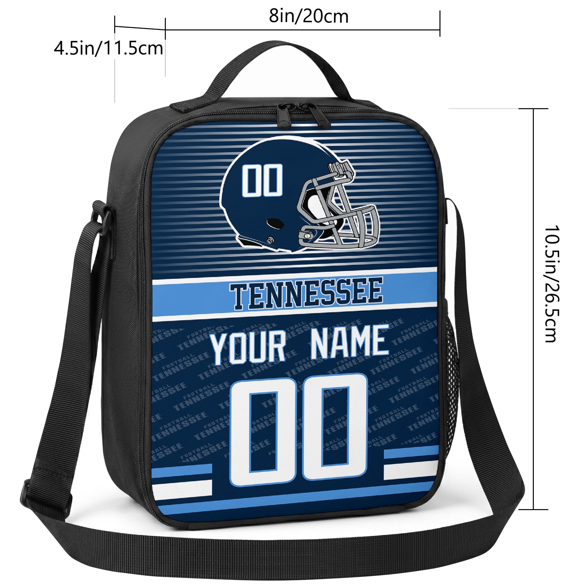 Tennessee striped helmet football shoulder bag size guide showing 8 inch width 4.5 inch depth and 10.5 inch height