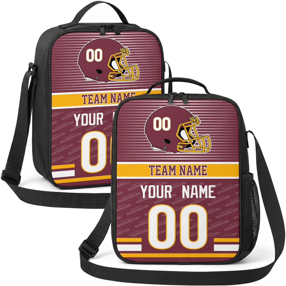 Washington personalized striped helmet football shoulder bag in burgundy gold and white showing front and angled views with custom name and number