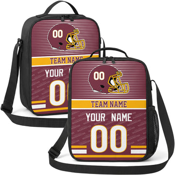 Washington personalized striped helmet football shoulder bag in burgundy gold and white showing front and angled views with custom name and number