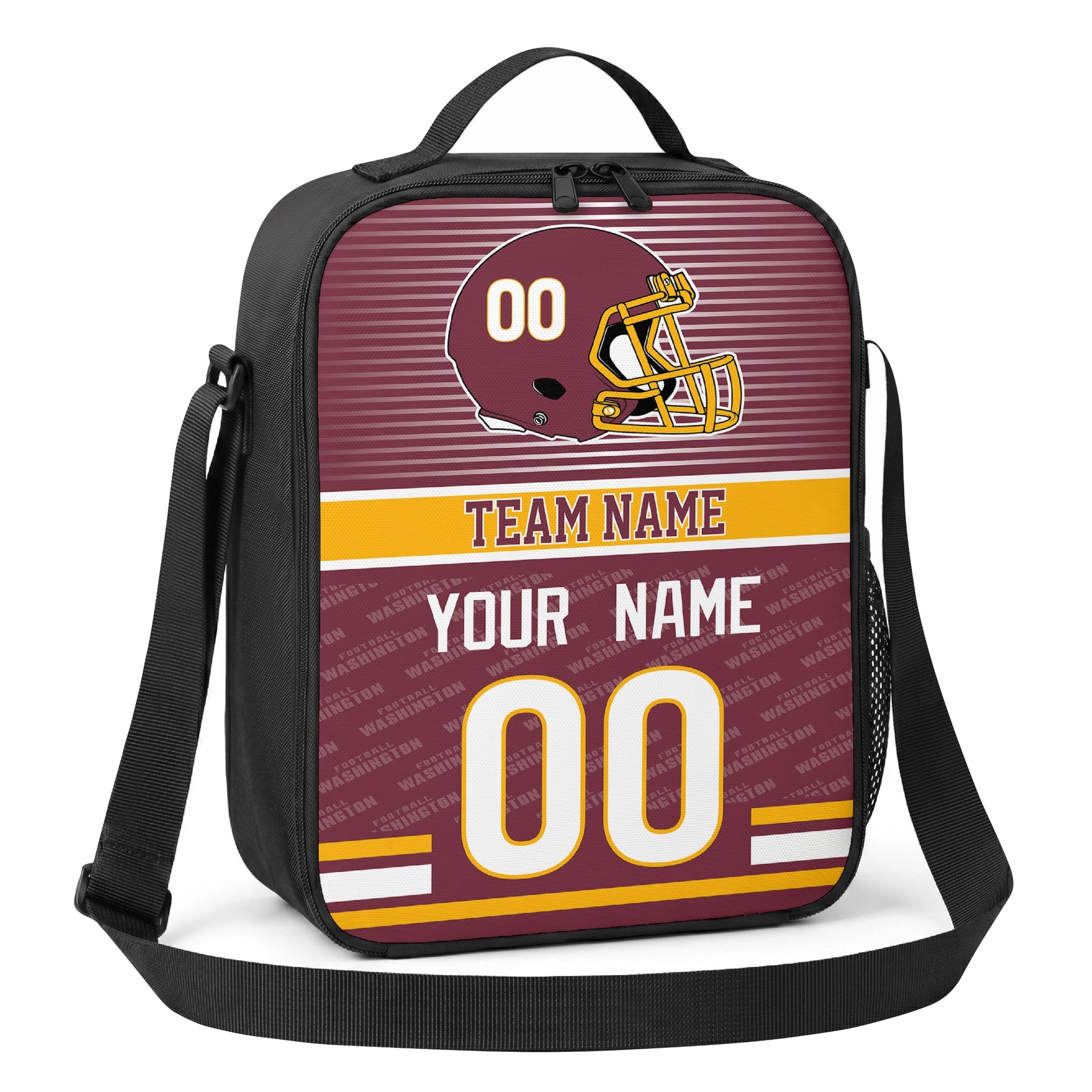 Washington burgundy gold and white striped helmet football shoulder bag angled front view with city stripe and custom name number
