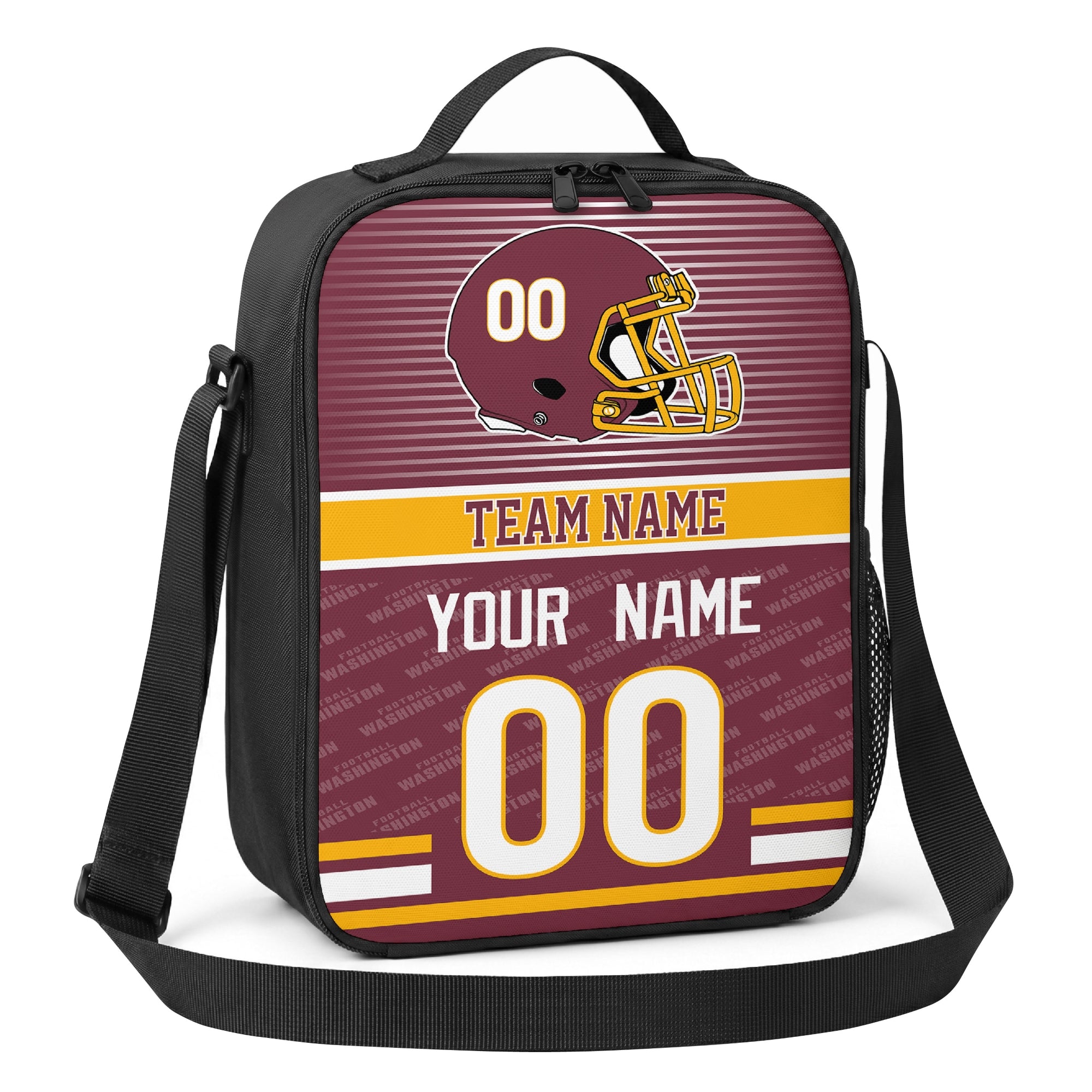 Washington burgundy gold and white striped helmet football shoulder bag angled front view with city stripe and custom name number