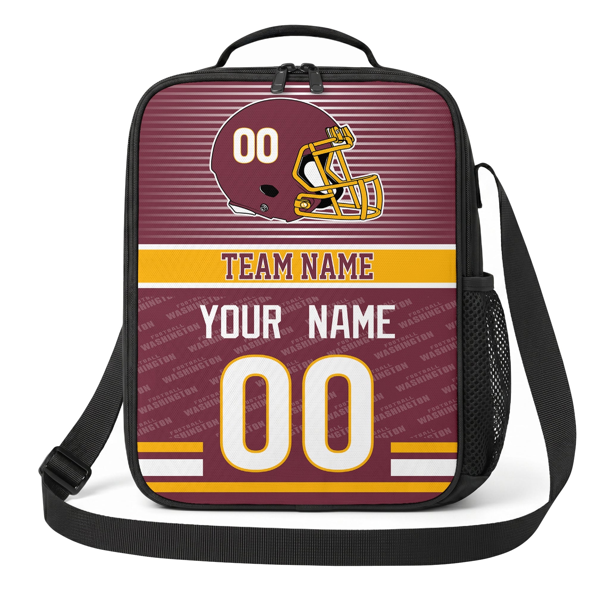 Washington burgundy gold and white striped helmet football shoulder bag alternate angled view with side mesh pocket top handle and shoulder strap