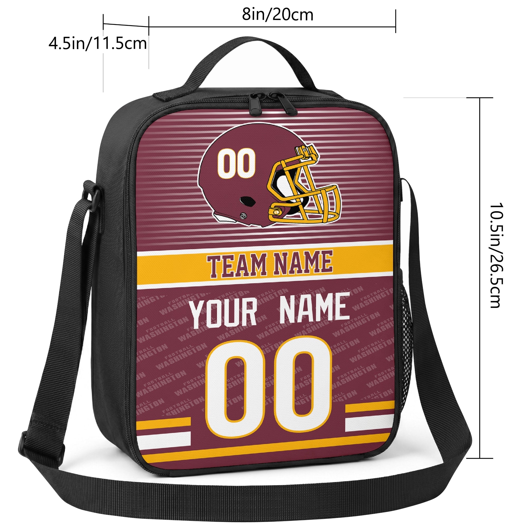 Washington striped helmet football shoulder bag size guide showing 8 inch width 4.5 inch depth and 10.5 inch height