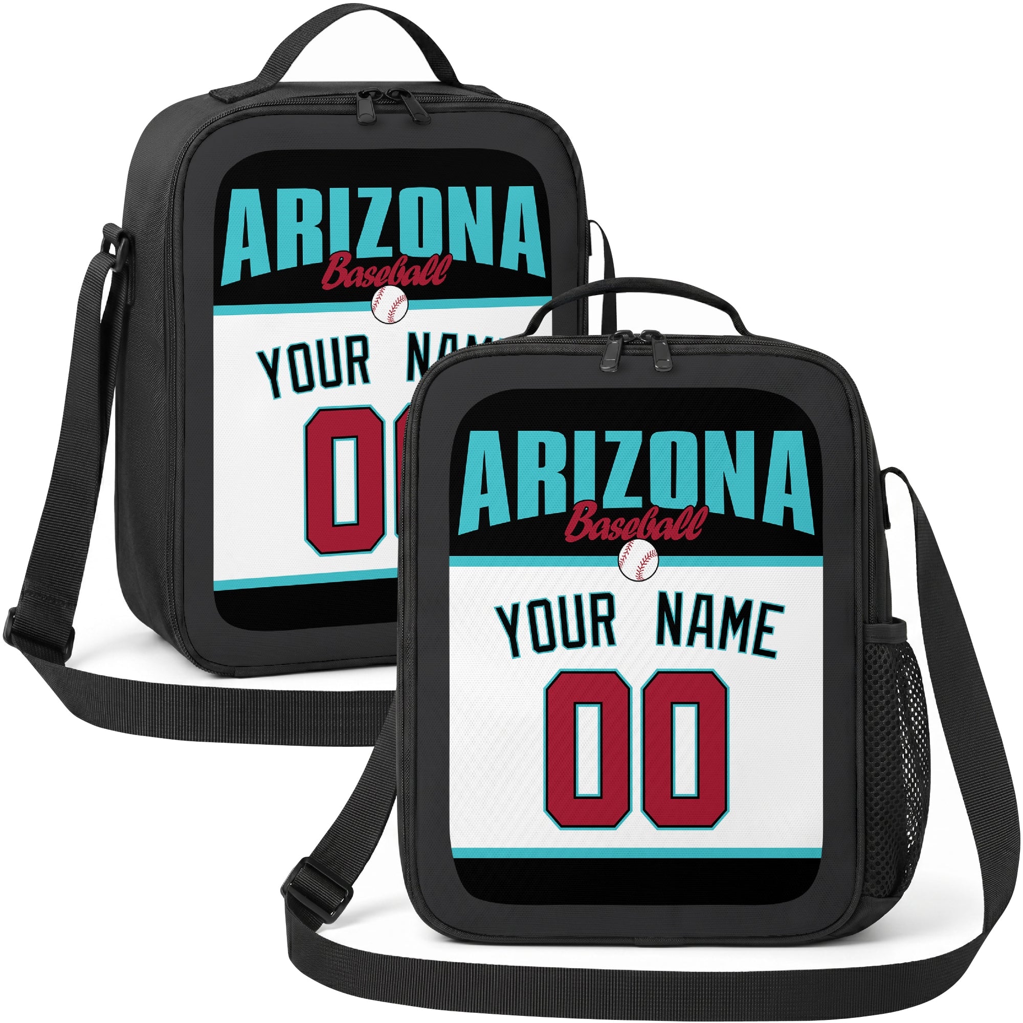 Arizona personalized baseball lunch bag in teal black white and red showing front and angled views with custom name and number