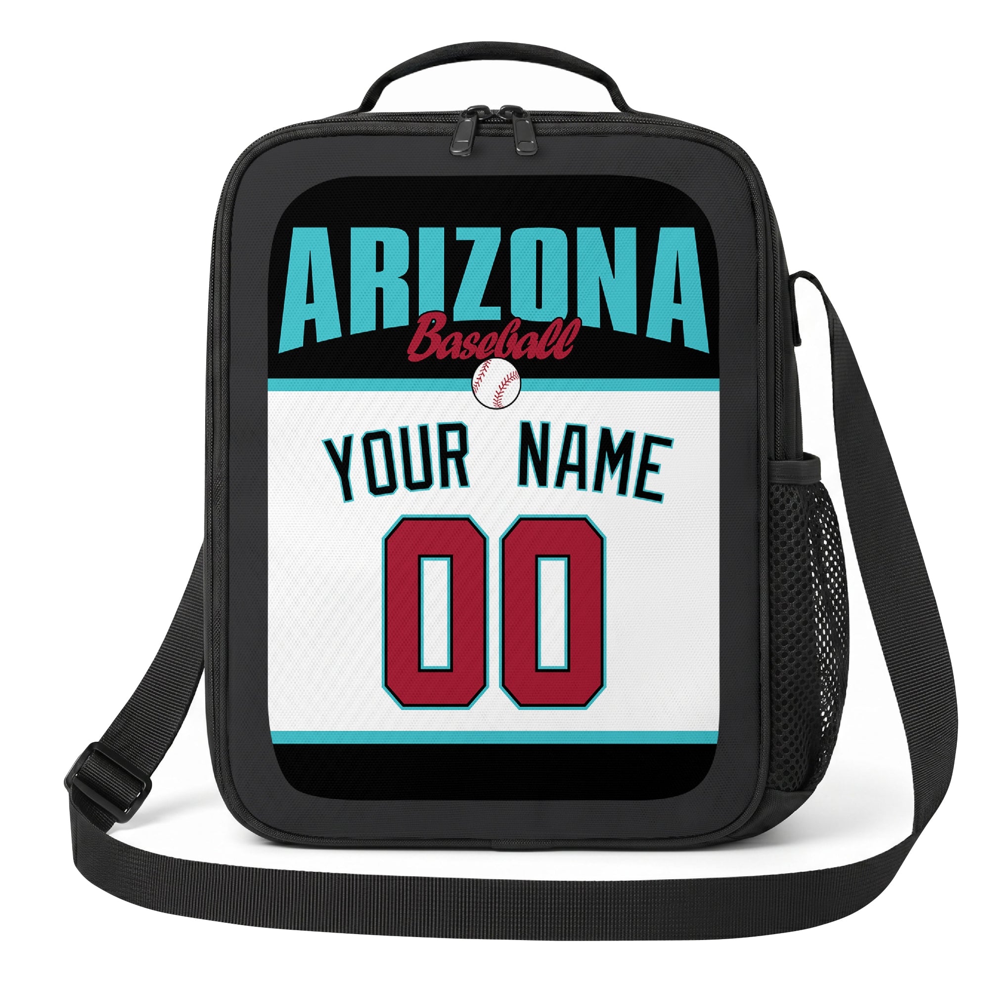 Arizona teal black white and red personalized baseball lunch bag angled front view with city lettering and custom name number