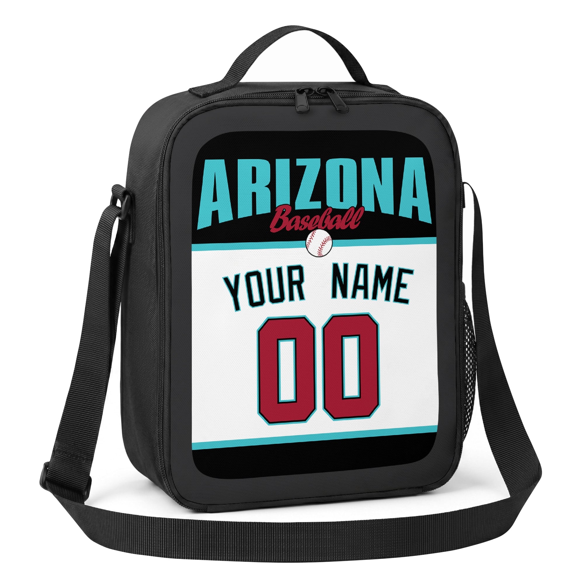 Arizona teal black white and red personalized baseball lunch bag alternate angle with side mesh pocket top handle and shoulder strap