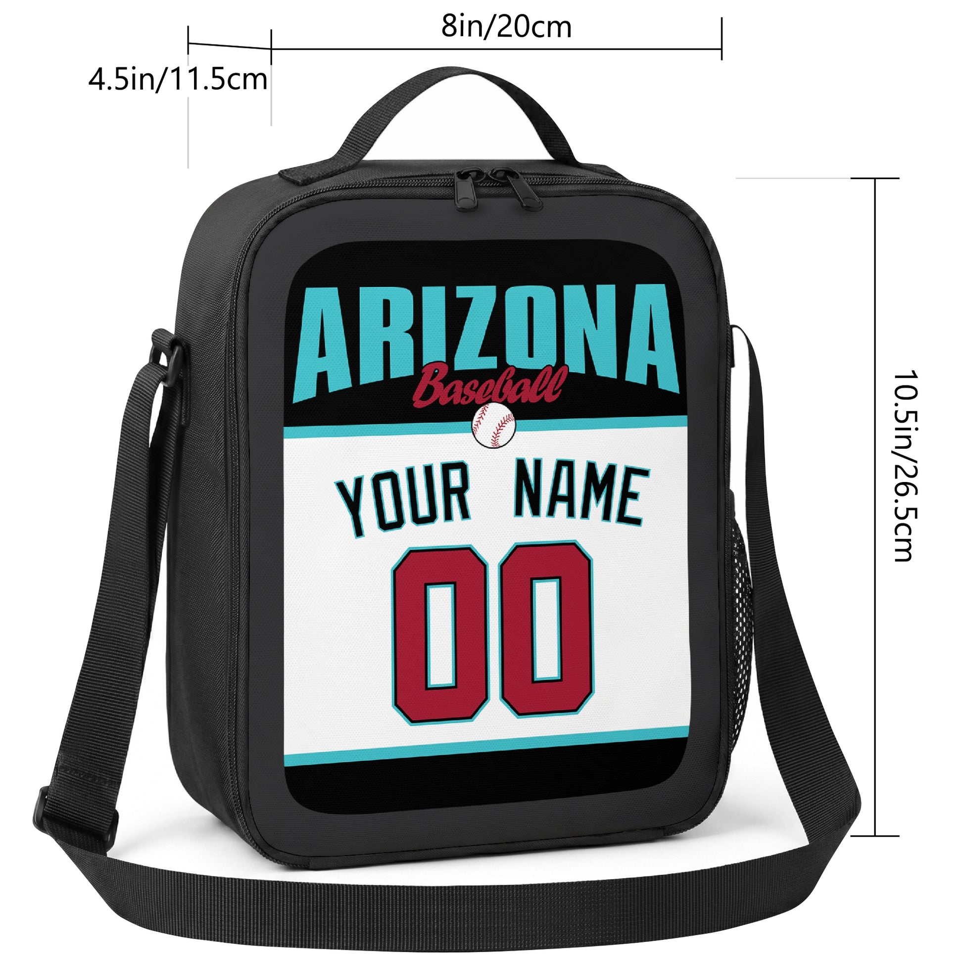 Arizona personalized baseball lunch bag size guide showing 8 by 4.5 by 10.5 inch dimensions