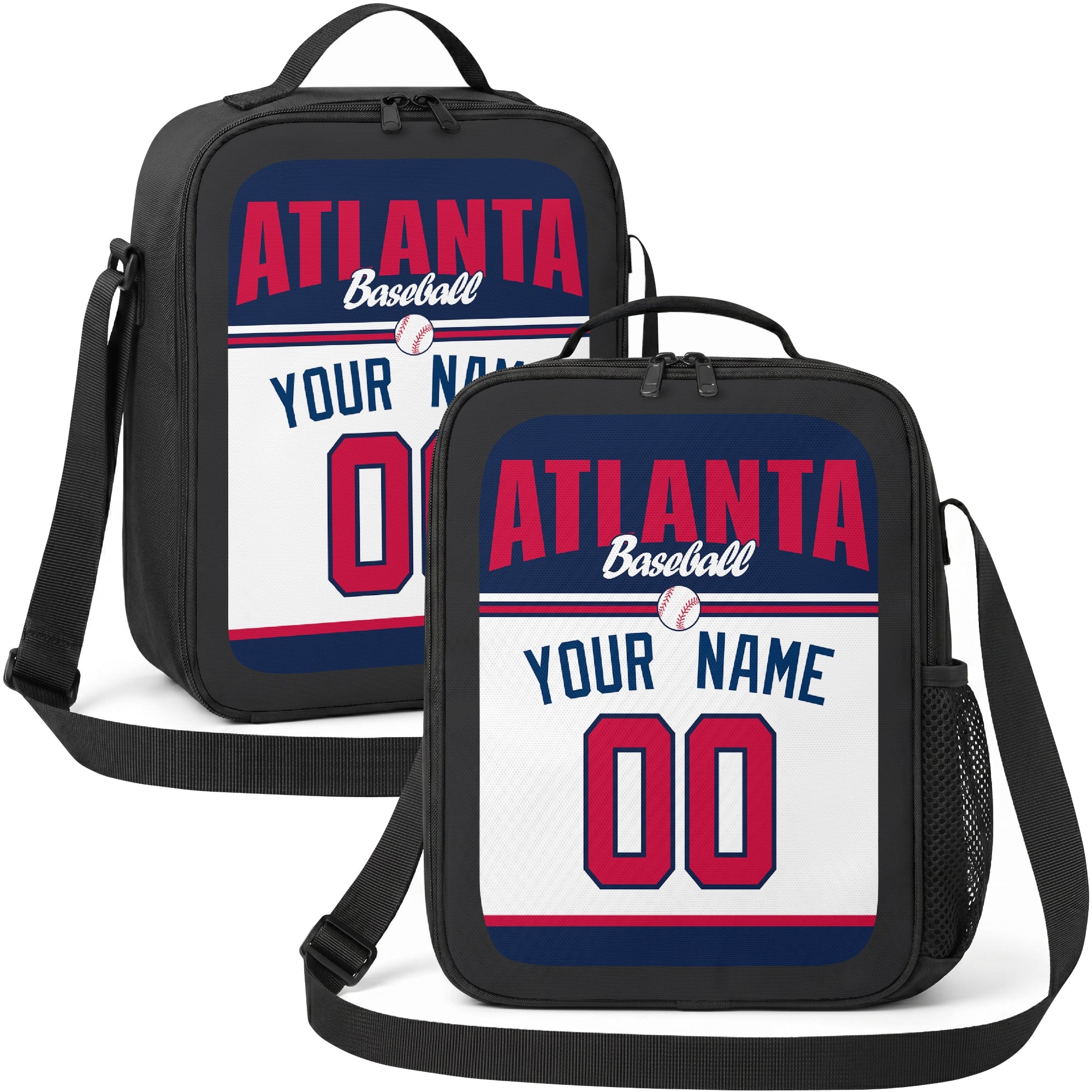 Atlanta personalized baseball lunch bag in navy red and white showing front and angled views with custom name and number