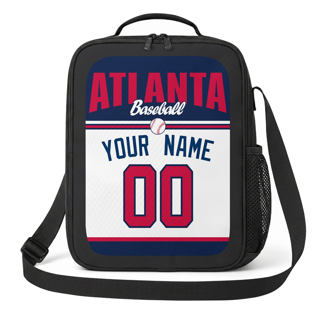 Atlanta personalized baseball lunch bag in navy red and white showing front and angled views with custom name and number