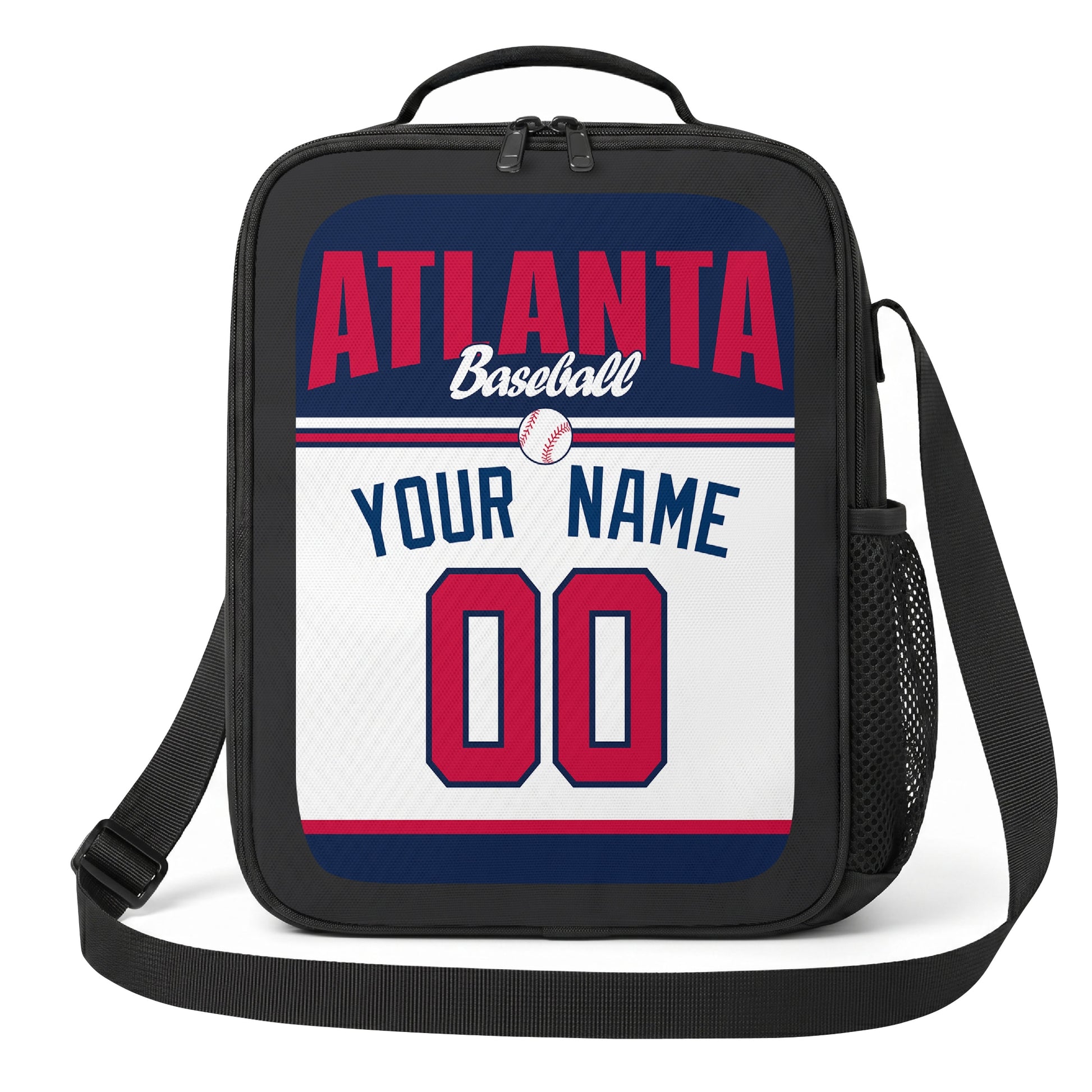 Atlanta navy red and white personalized baseball lunch bag angled front view with city lettering and custom name number