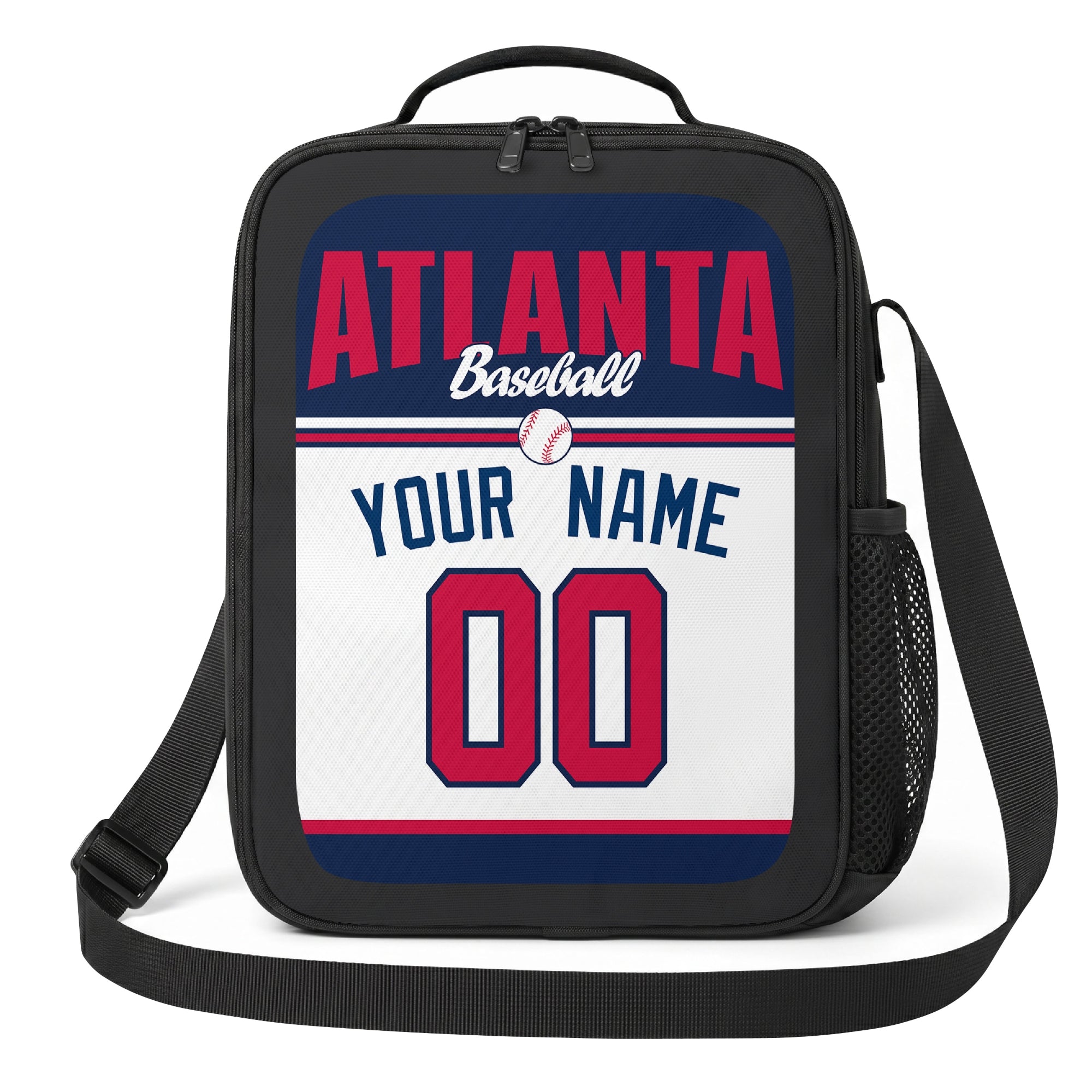 Atlanta navy red and white personalized baseball lunch bag angled front view with city lettering and custom name number