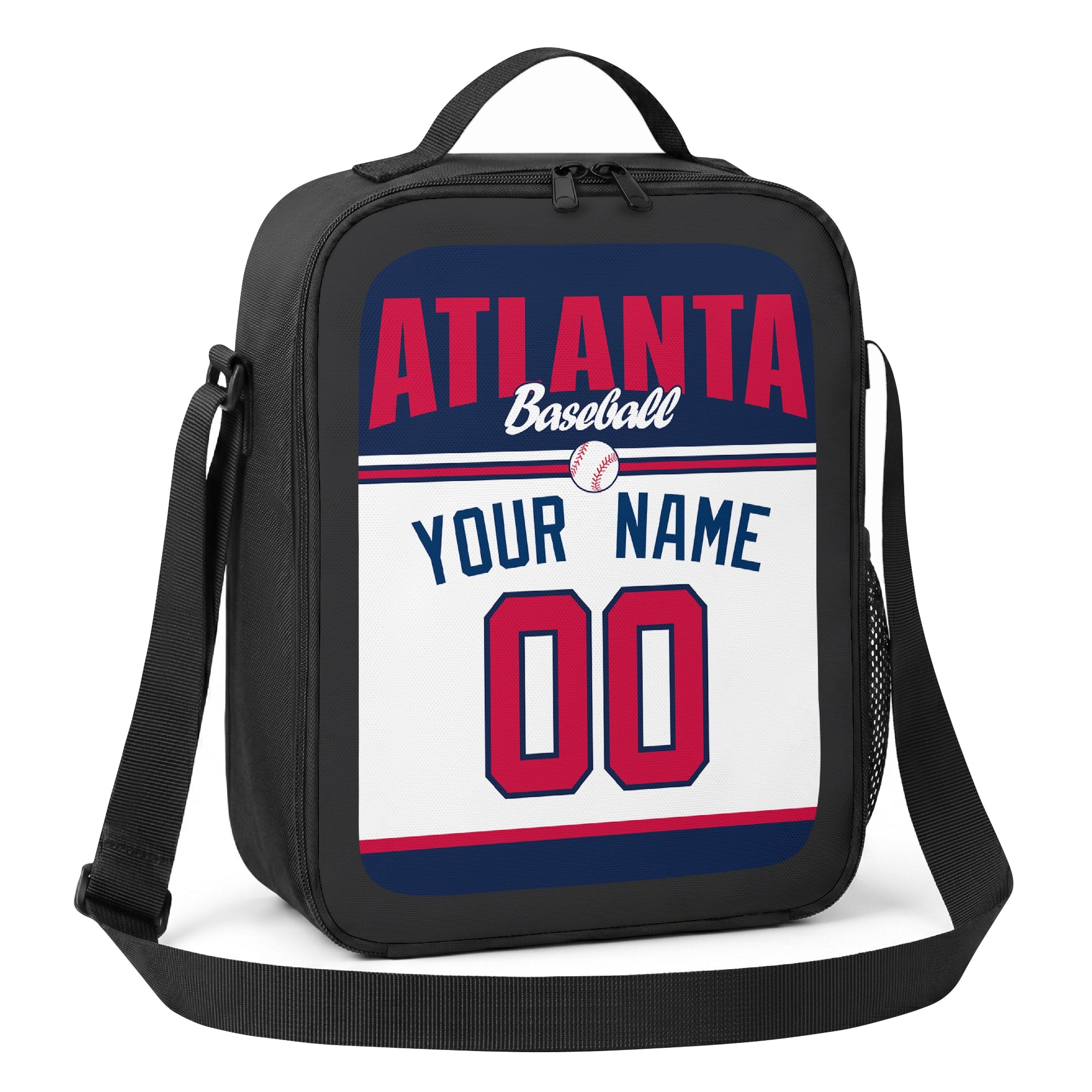 Atlanta navy red and white personalized baseball lunch bag alternate angle with side mesh pocket top handle and shoulder strap