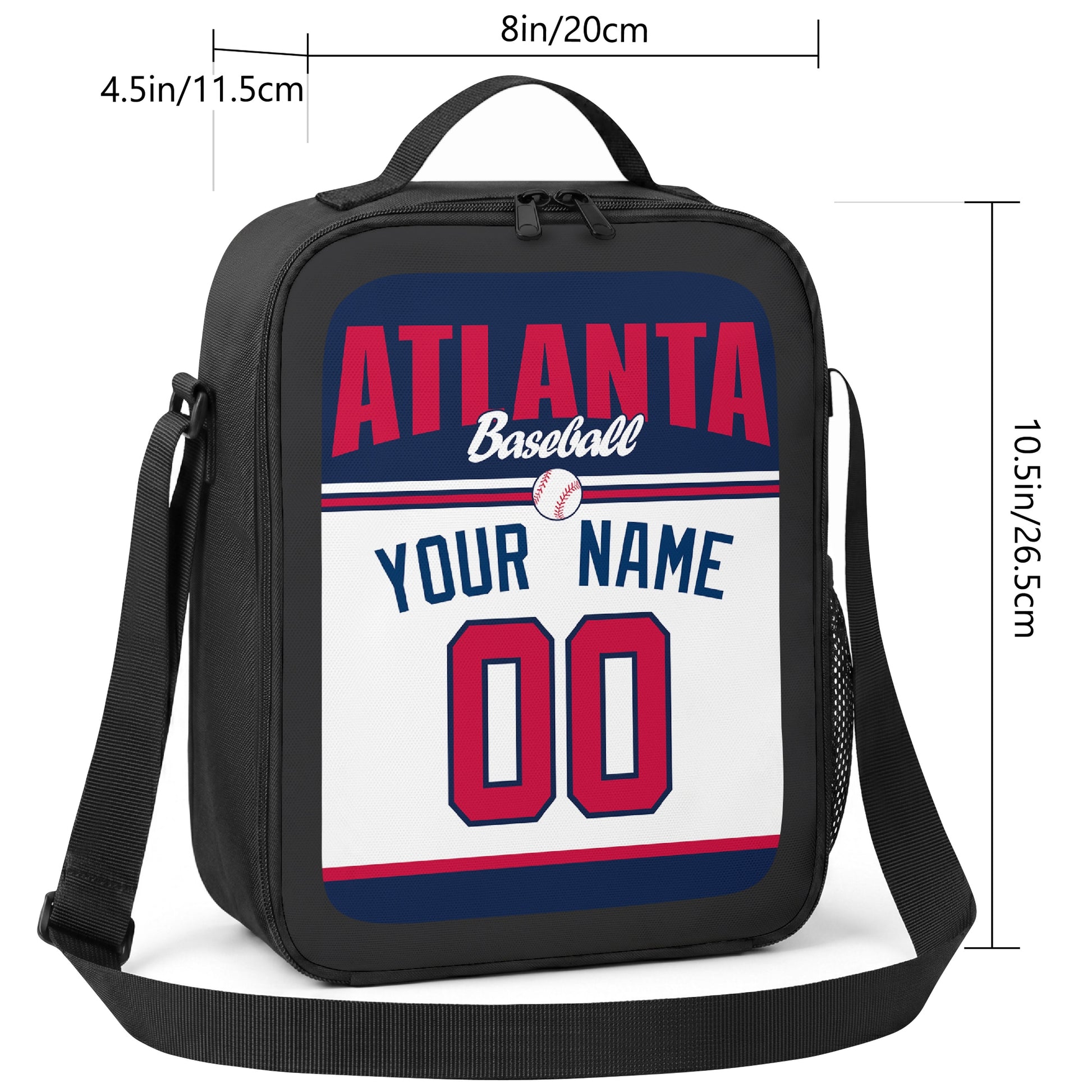 Atlanta personalized baseball lunch bag size guide showing 8 by 4.5 by 10.5 inch dimensions