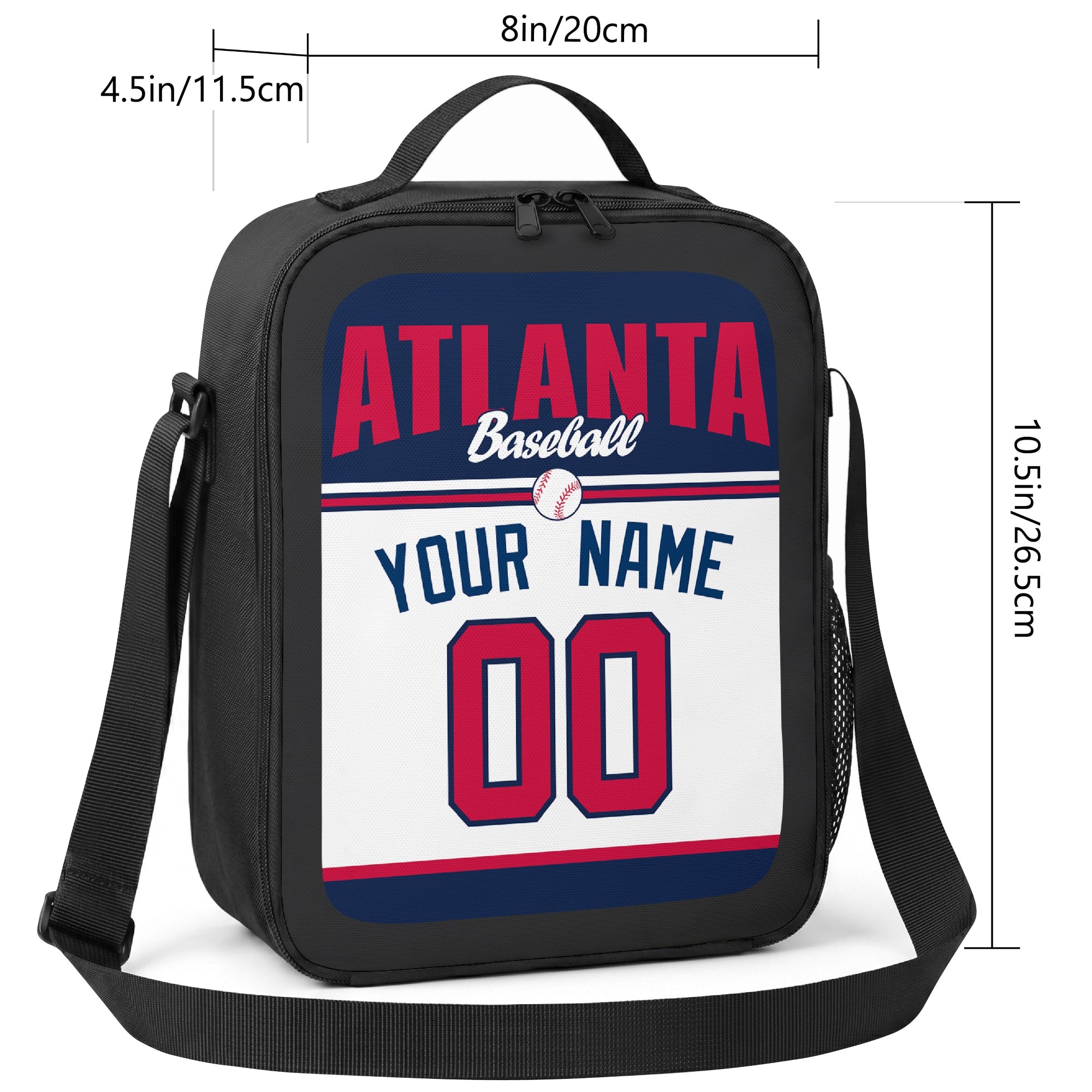 Atlanta personalized baseball lunch bag size guide showing 8 by 4.5 by 10.5 inch dimensions