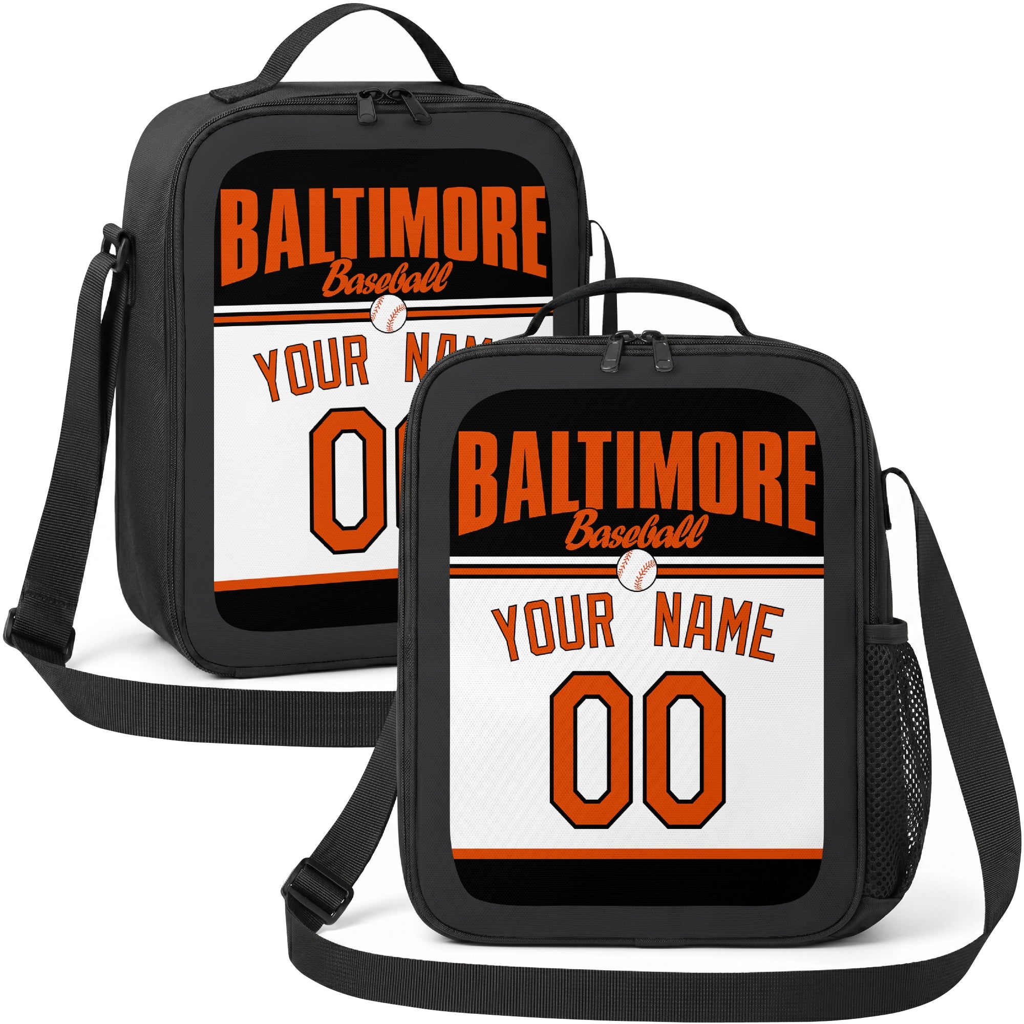 Baltimore personalized baseball lunch bag in black orange and white showing front and angled views with custom name and number