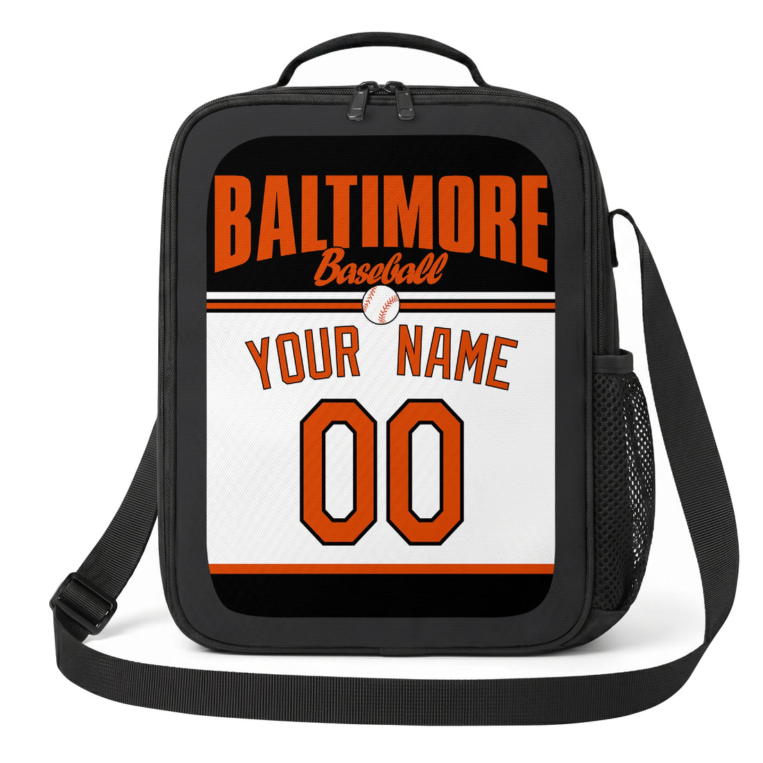 Baltimore personalized baseball lunch bag in black orange and white showing front and angled views with custom name and number