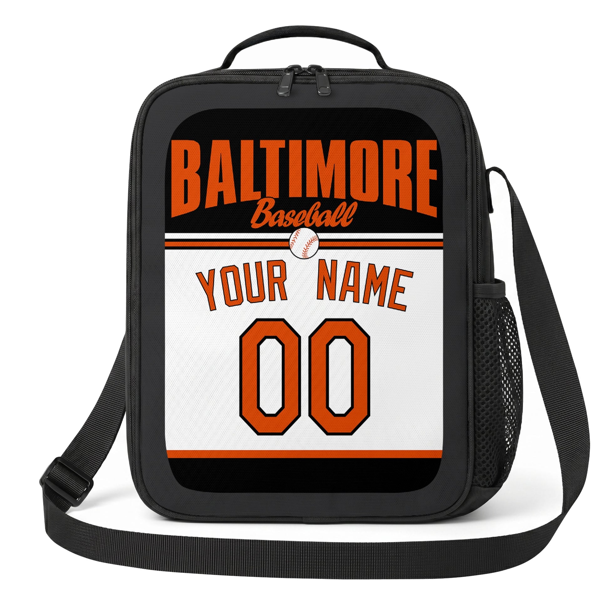 Baltimore black orange and white personalized baseball lunch bag angled front view with city lettering and custom name number