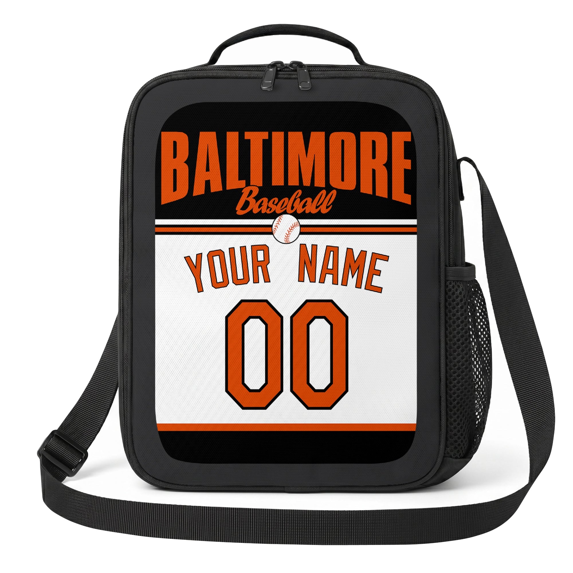 Baltimore black orange and white personalized baseball lunch bag angled front view with city lettering and custom name number