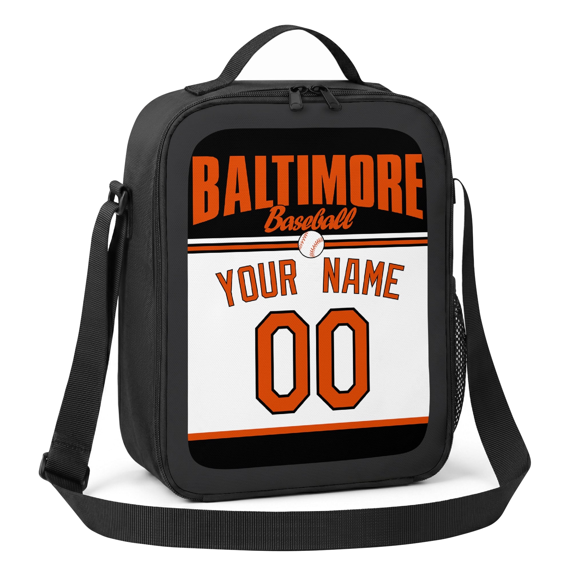 Baltimore black orange and white personalized baseball lunch bag alternate angle with side mesh pocket top handle and shoulder strap
