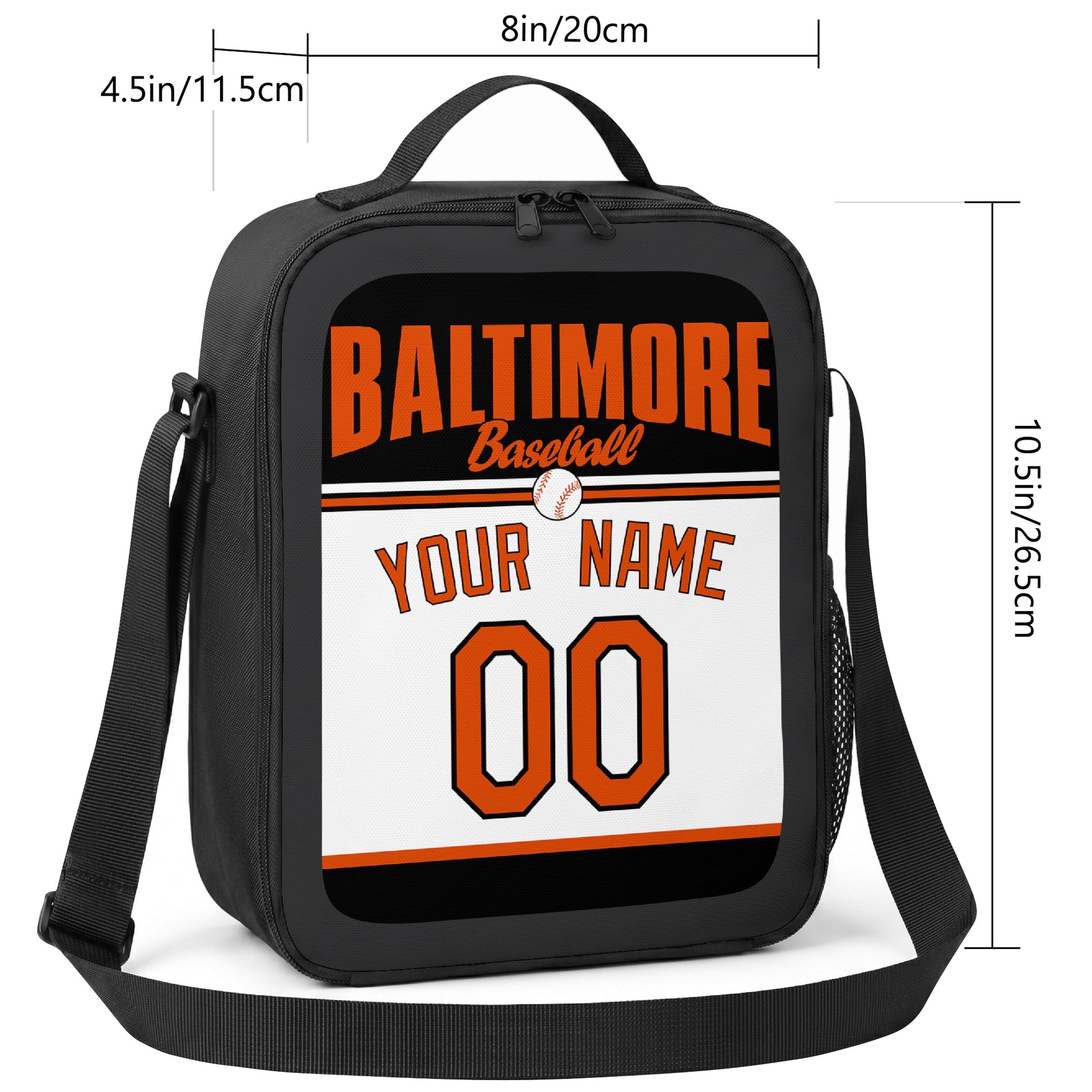 Baltimore personalized baseball lunch bag size guide showing 8 by 4.5 by 10.5 inch dimensions