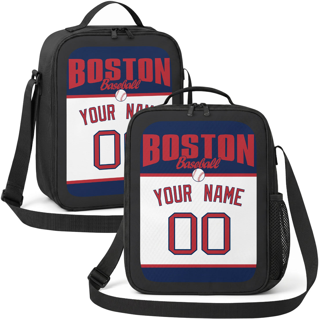 Boston personalized baseball lunch bag in navy red and white showing front and angled views with custom name and number