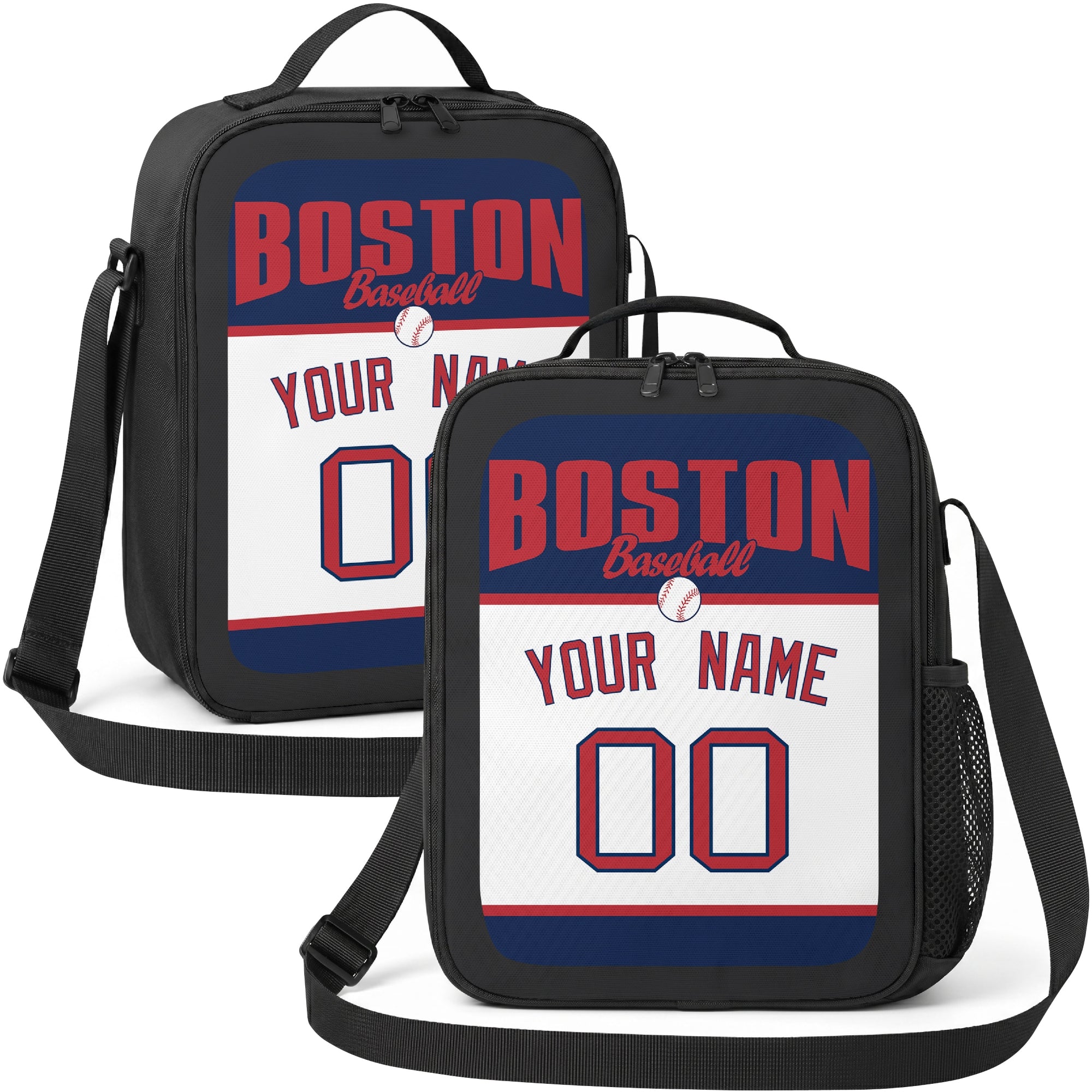Boston personalized baseball lunch bag in navy red and white showing front and angled views with custom name and number