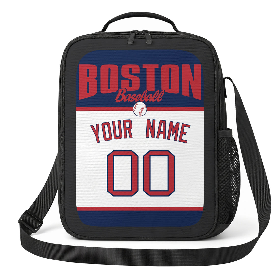 Boston personalized baseball lunch bag in navy red and white showing front and angled views with custom name and number