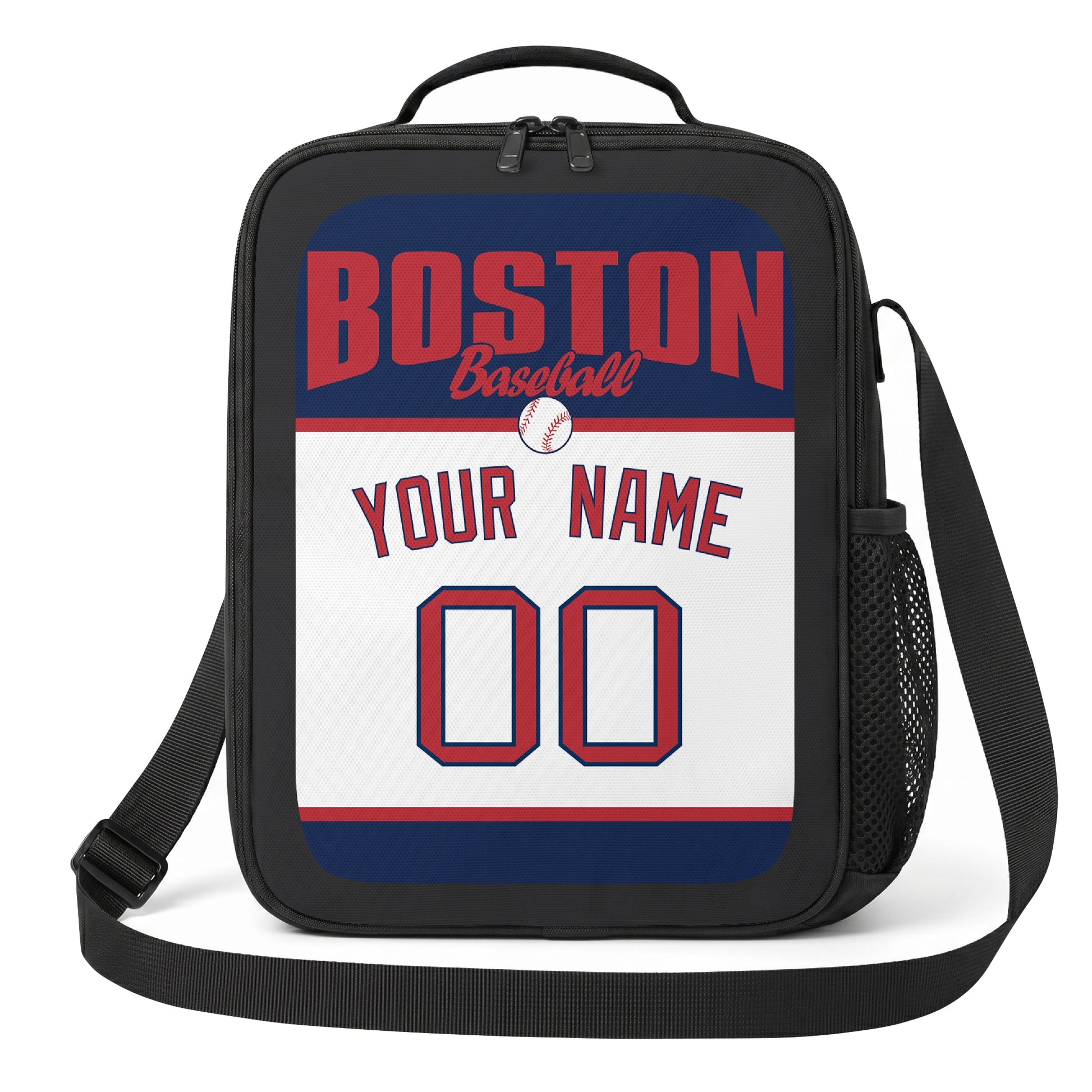 Boston navy red and white personalized baseball lunch bag angled front view with city lettering and custom name number