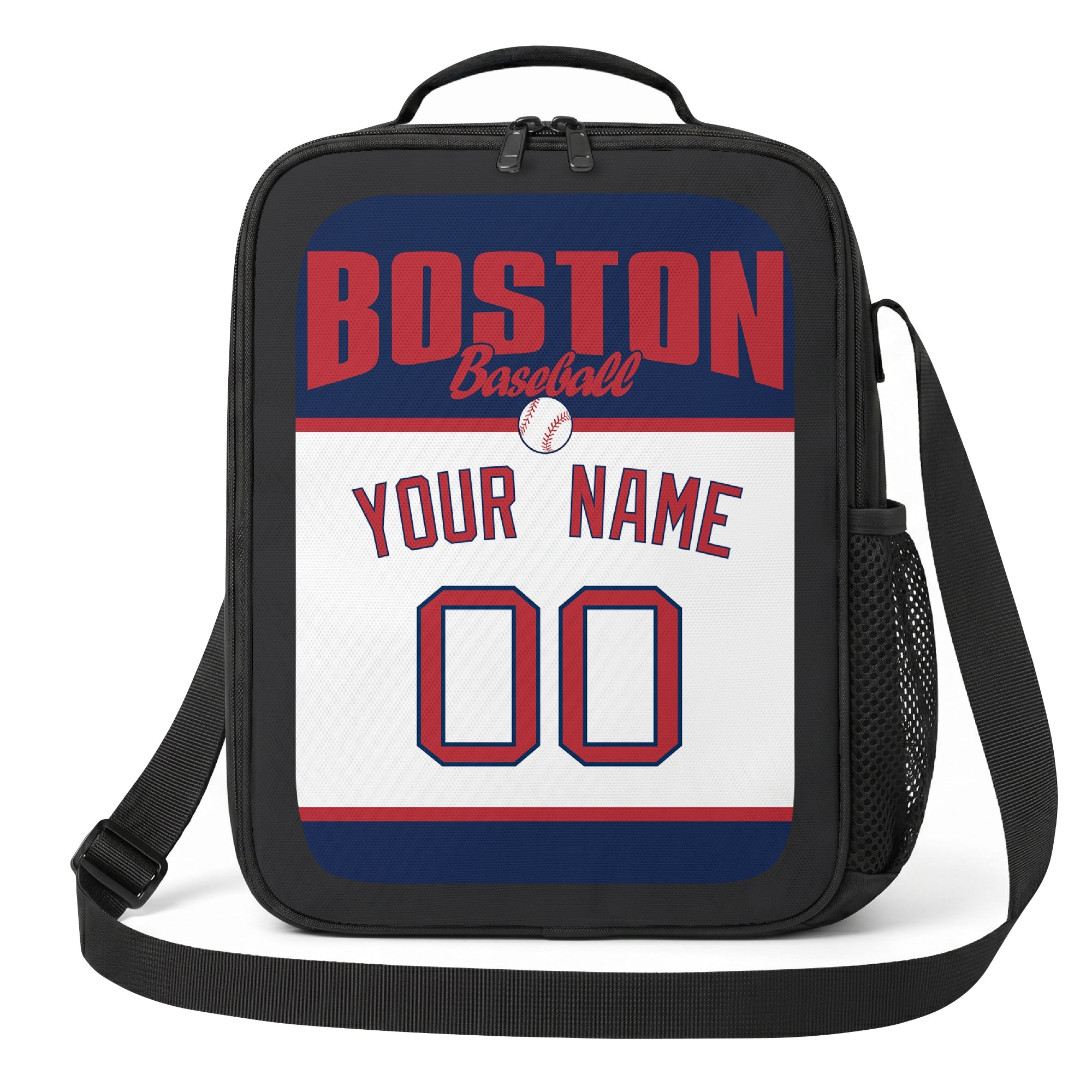 Boston navy red and white personalized baseball lunch bag angled front view with city lettering and custom name number