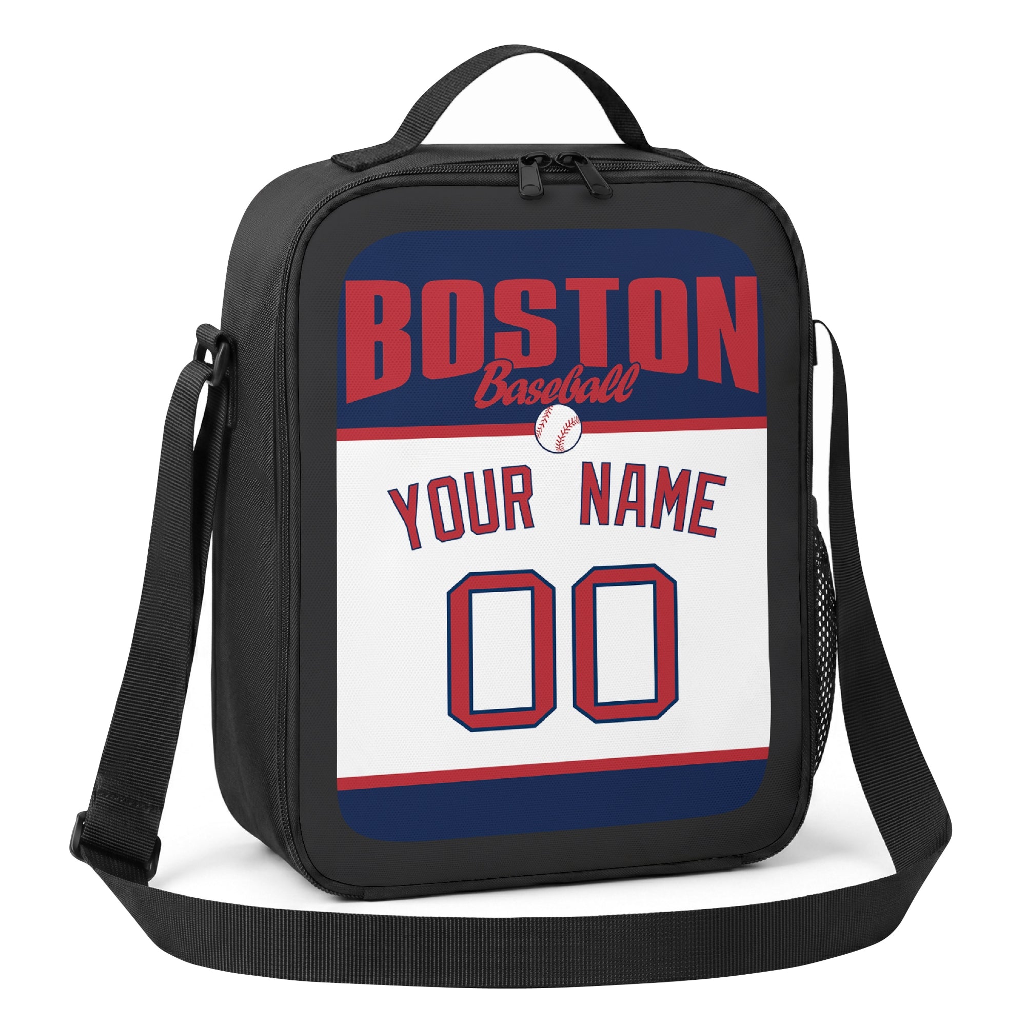 Boston navy red and white personalized baseball lunch bag alternate angle with side mesh pocket top handle and shoulder strap