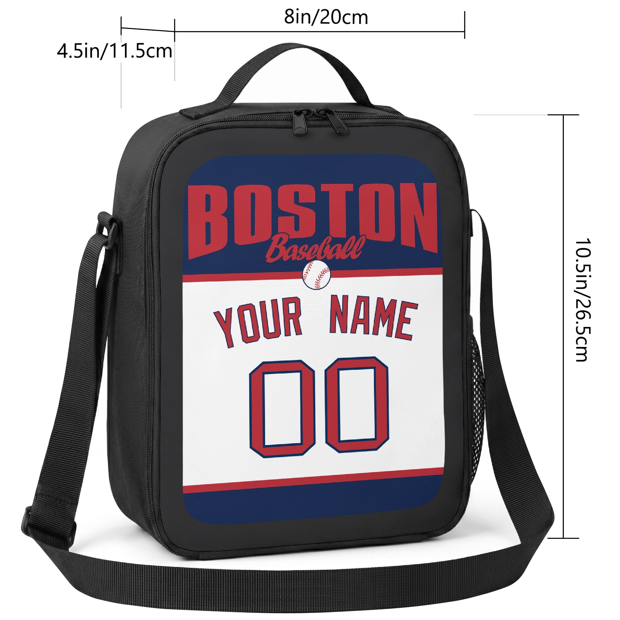 Boston personalized baseball lunch bag size guide showing 8 by 4.5 by 10.5 inch dimensions
