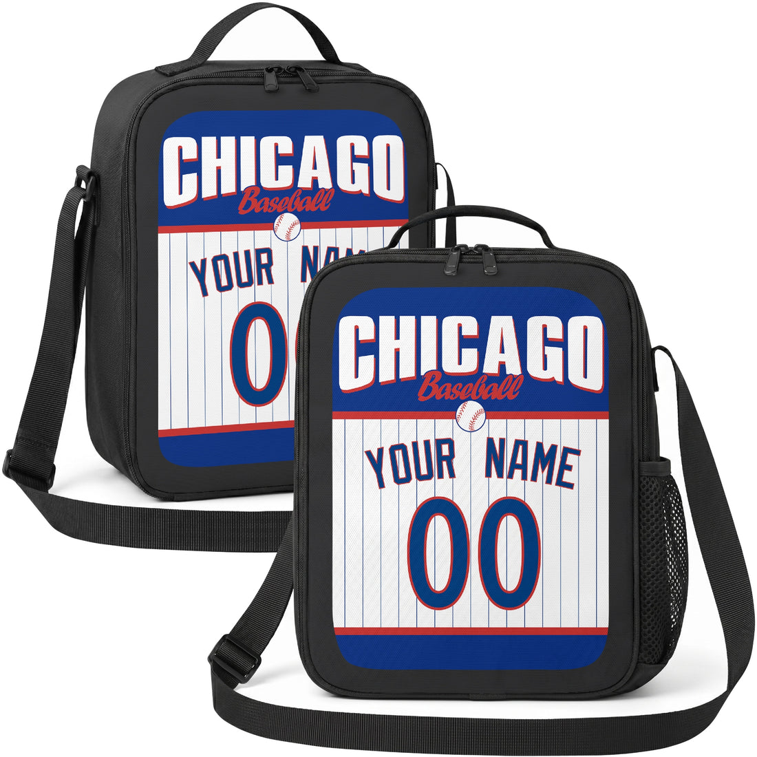 Chicago Blue and Red personalized baseball lunch bag in royal blue red and white showing front and angled views with custom name and number