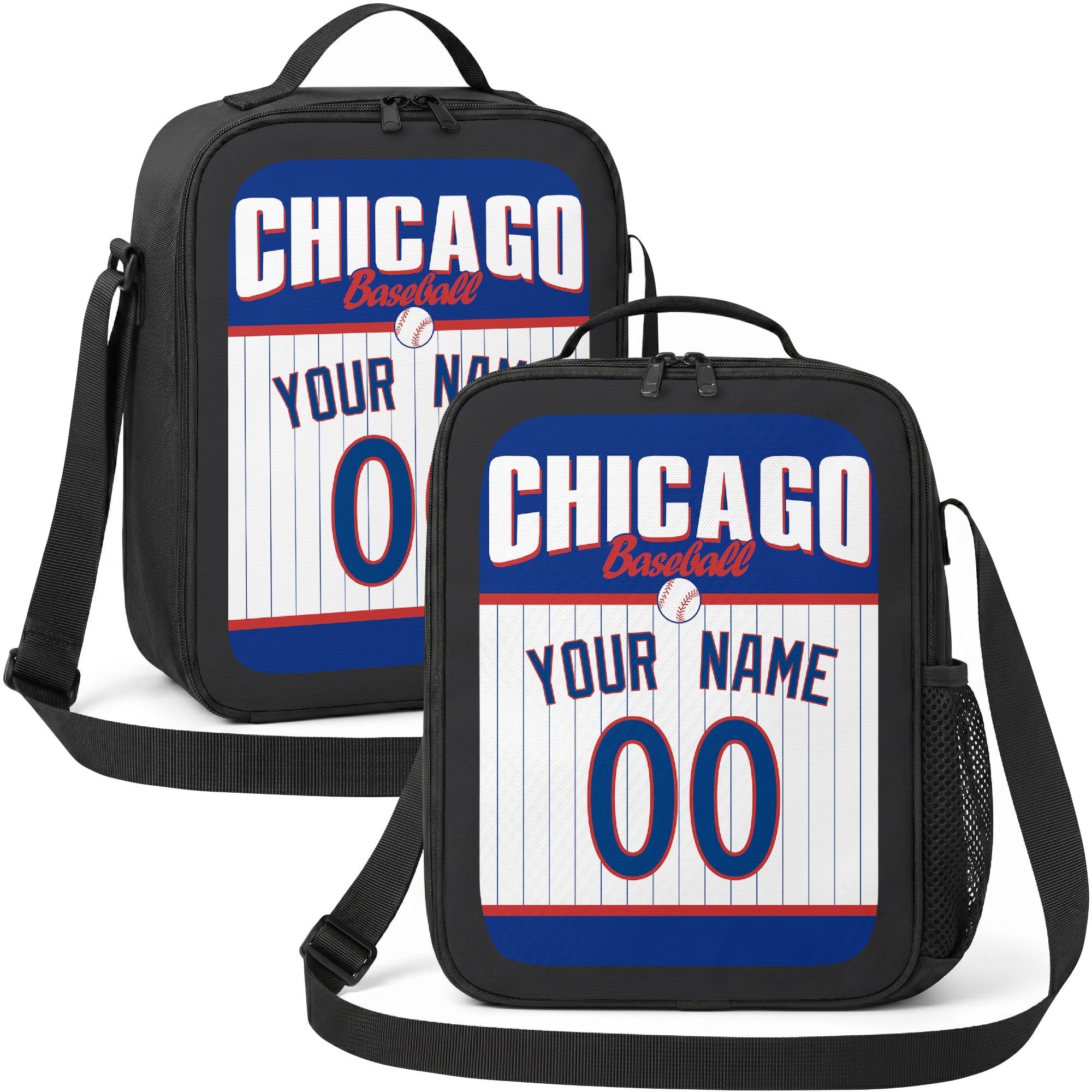 Chicago Blue and Red personalized baseball lunch bag in royal blue red and white showing front and angled views with custom name and number