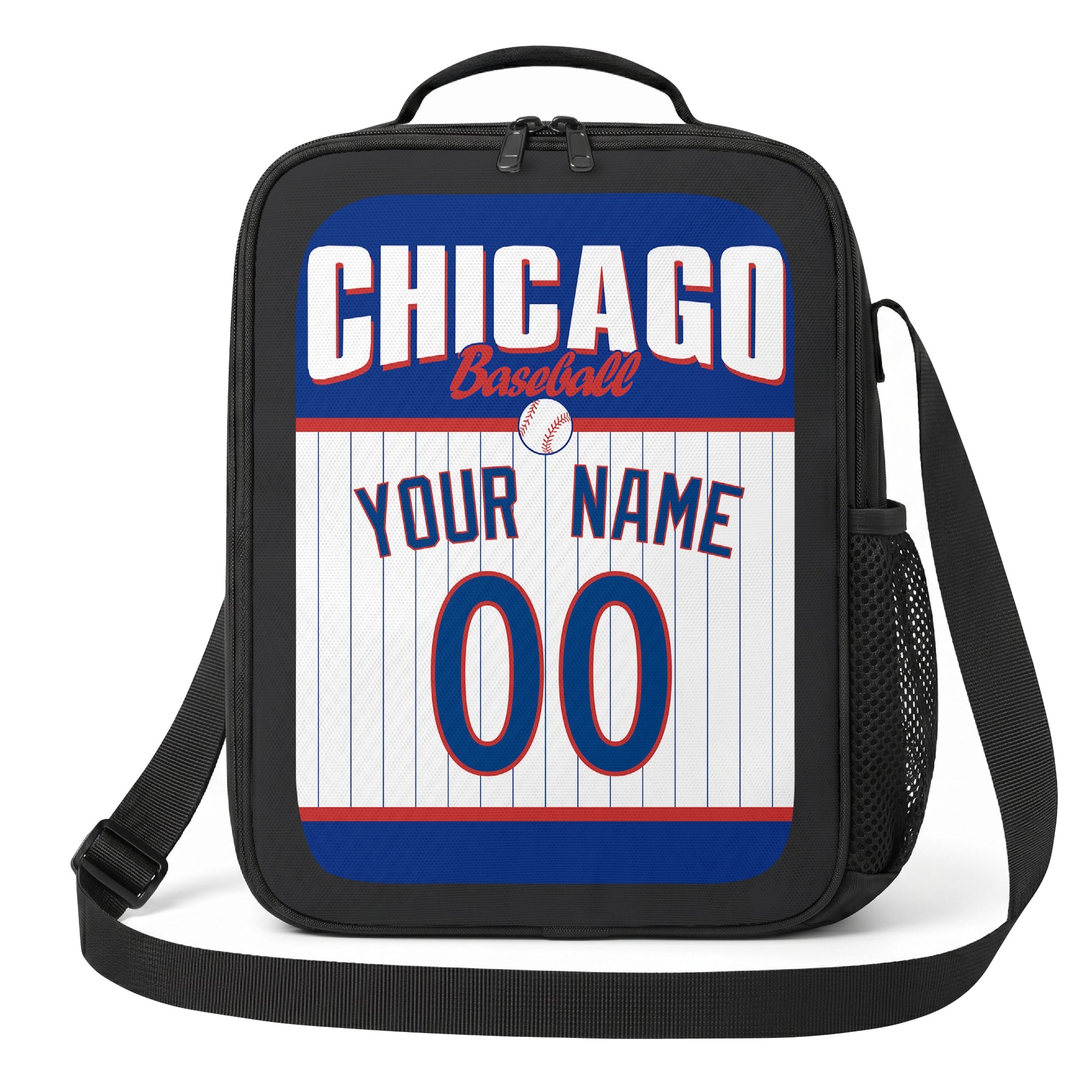Chicago Blue and Red royal blue red and white personalized baseball lunch bag angled front view with city lettering and custom name number