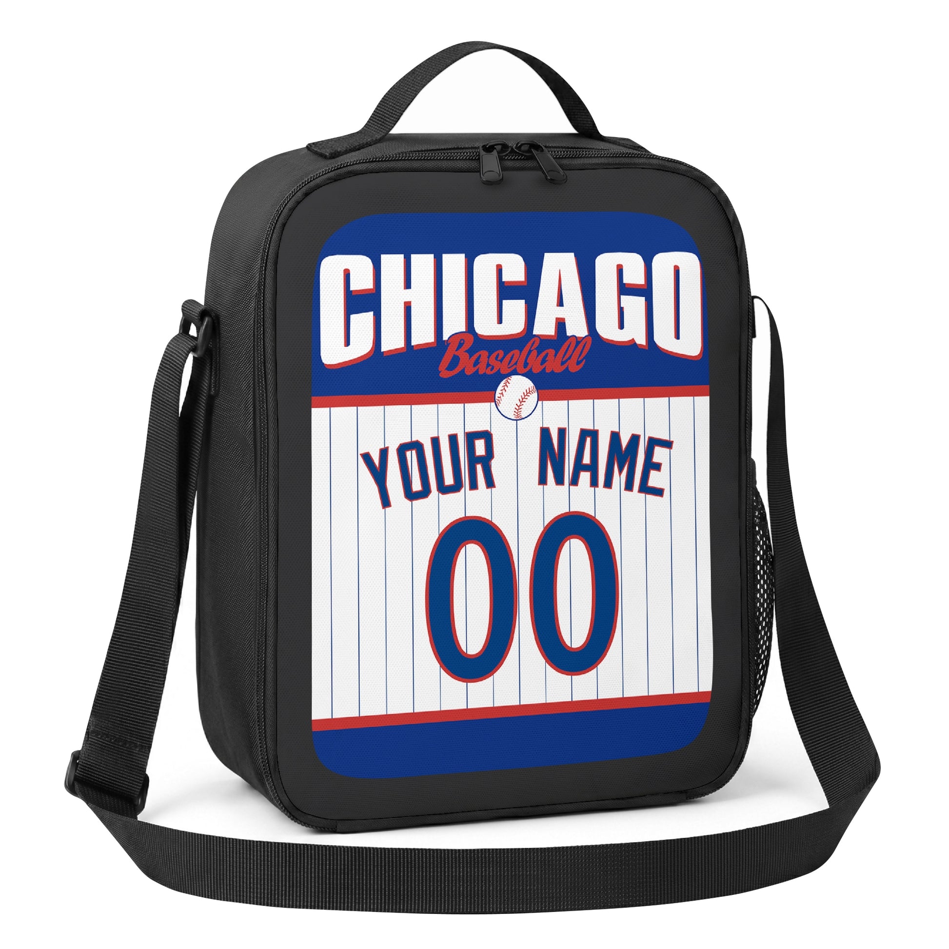 Chicago Blue and Red royal blue red and white personalized baseball lunch bag alternate angle with side mesh pocket top handle and shoulder strap