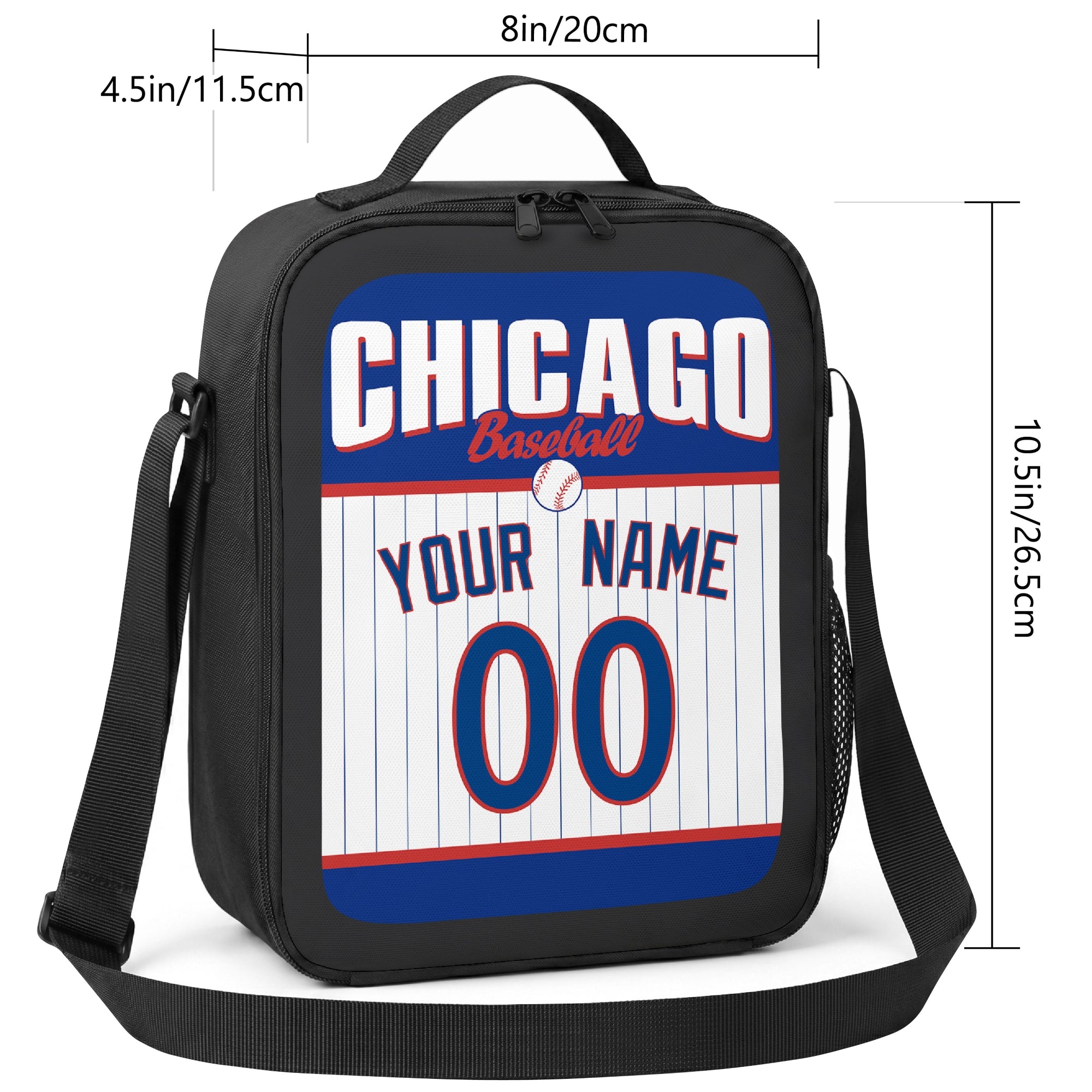 Chicago Blue and Red personalized baseball lunch bag size guide showing 8 by 4.5 by 10.5 inch dimensions