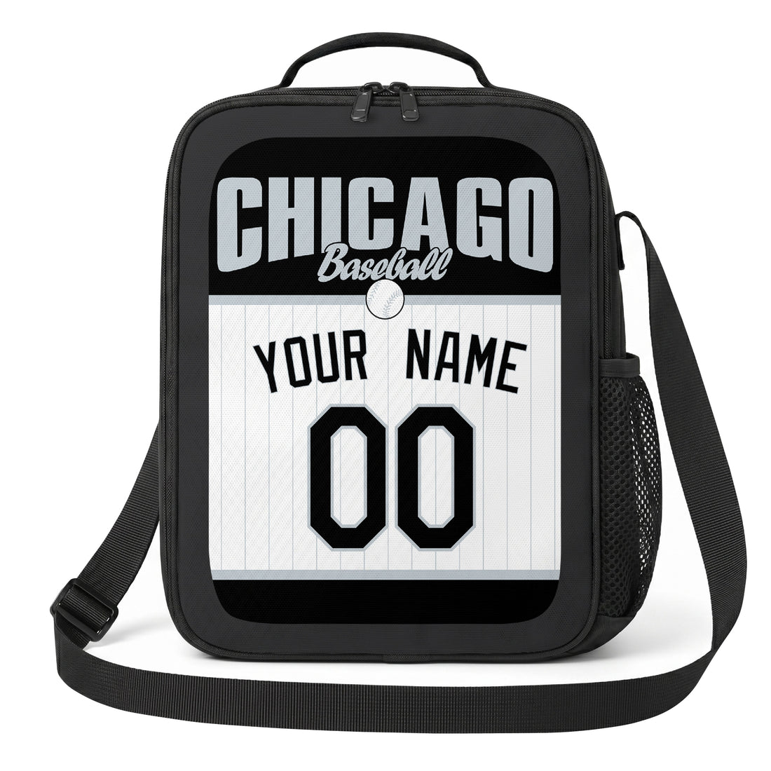 Chicago Black and White personalized baseball lunch bag in black gray and white showing front and angled views with custom name and number