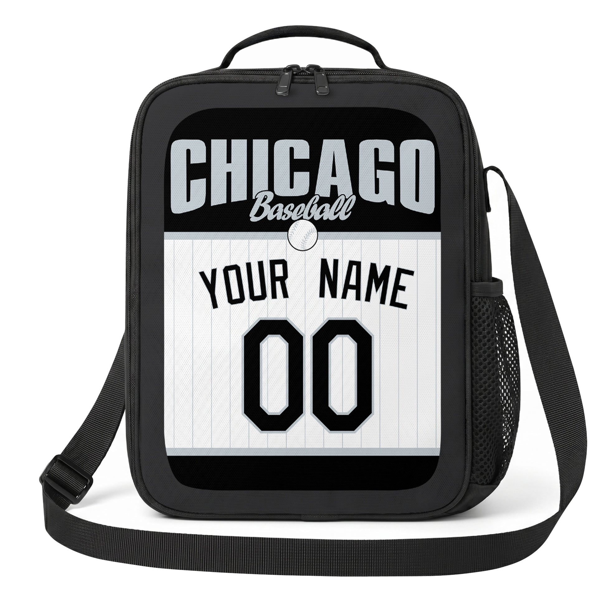 Chicago Black and White black gray and white personalized baseball lunch bag angled front view with city lettering and custom name number