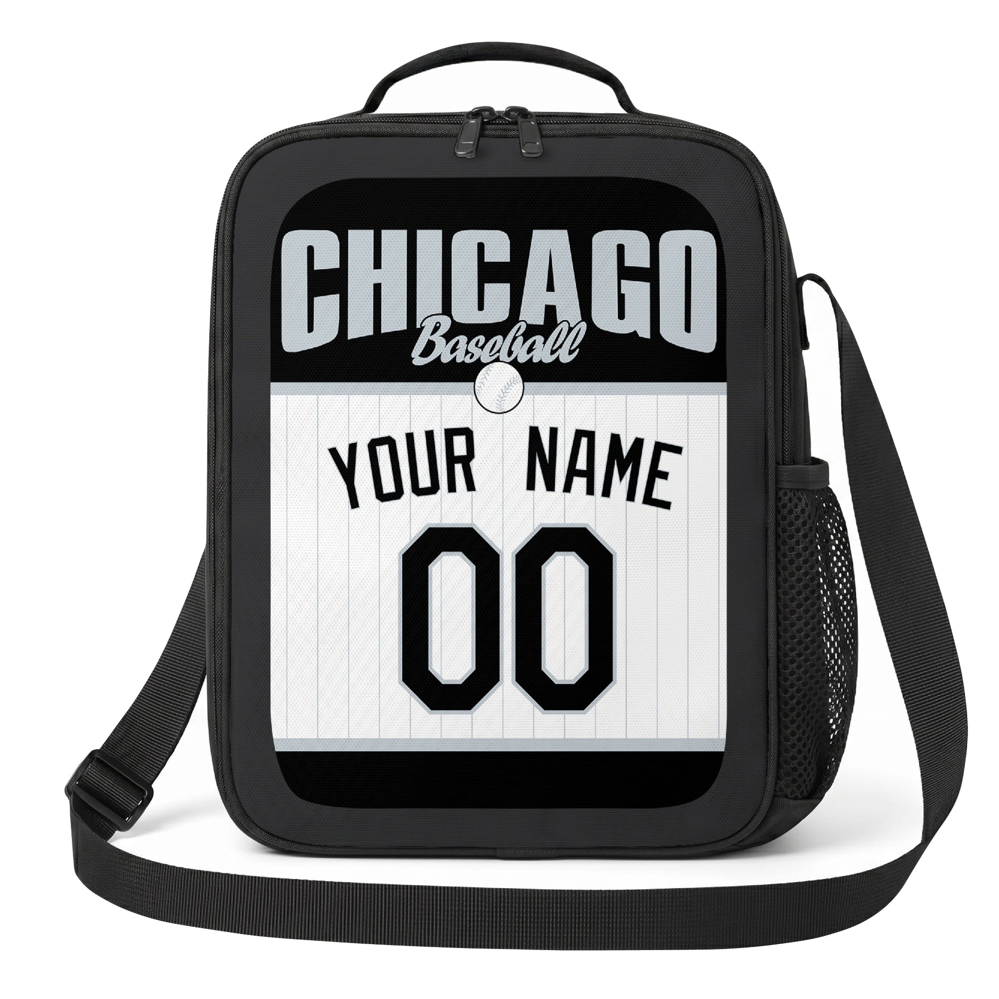 Chicago Black and White black gray and white personalized baseball lunch bag angled front view with city lettering and custom name number