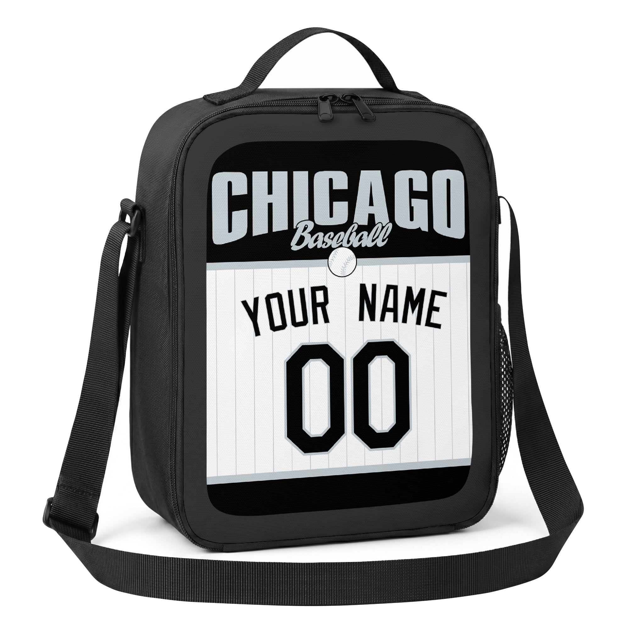 Chicago Black and White black gray and white personalized baseball lunch bag alternate angle with side mesh pocket top handle and shoulder strap