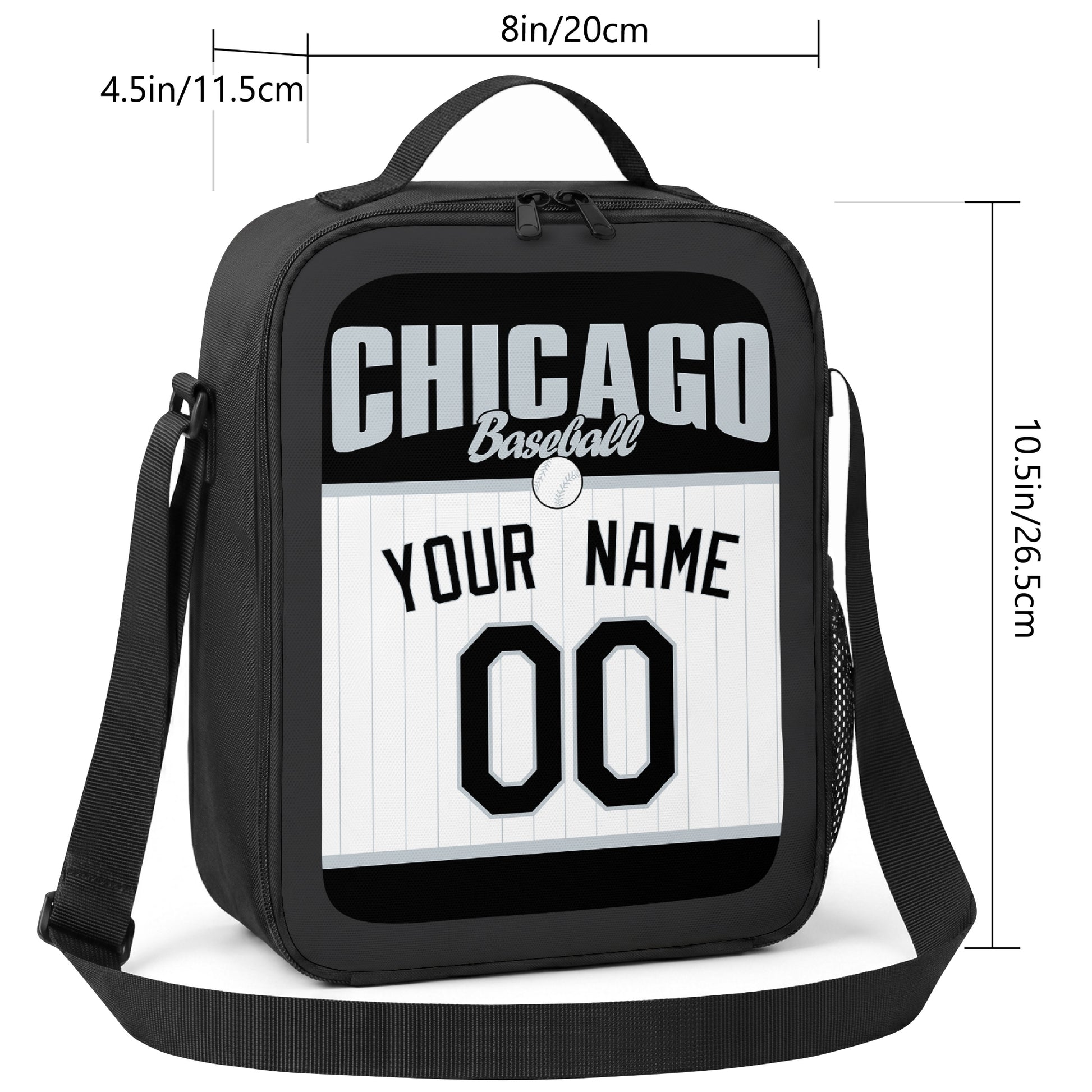 Chicago Black and White personalized baseball lunch bag size guide showing 8 by 4.5 by 10.5 inch dimensions